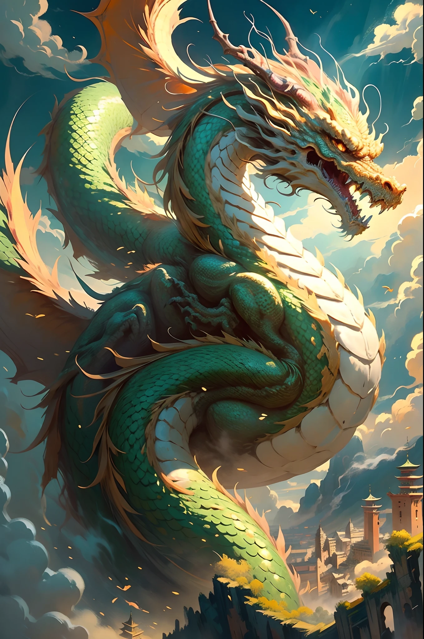 there is a green dragon with a red tail and a green tail, green dragon, massive green dragon!!!, dragon centered, shenron, chinese dragons fighting, flying dragon, fighting a dragon, large green dragon, dragon art, smooth chinese dragon, dragon flying in the sky, battle with dragon, great mystical winged serpent, oil painting of dragon, dragon flying