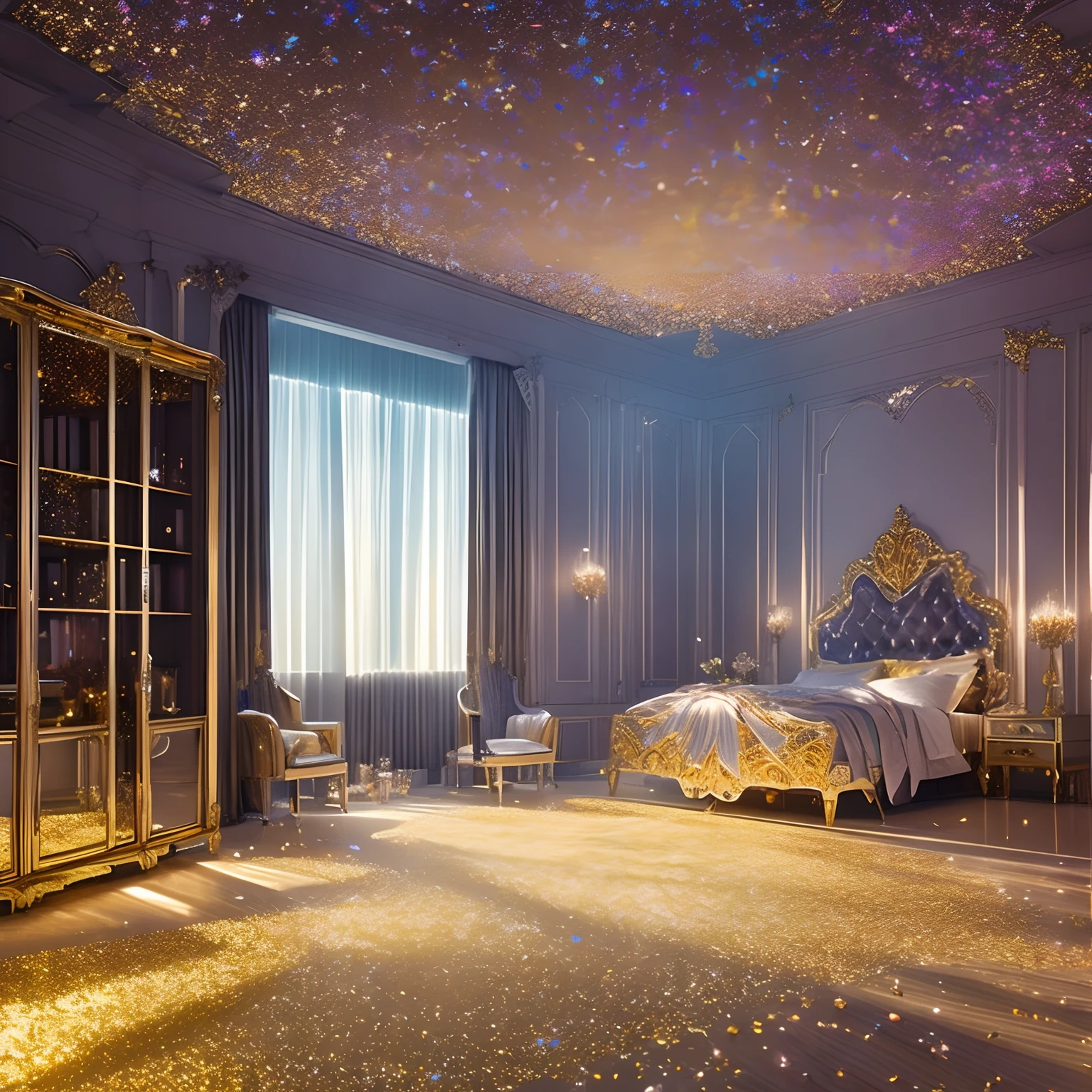 finest image, detailed and delicate depiction, iridescent light glass crystal metal-plated room, background fantasy, that emits fantastic light, light particles, light sparkles, scatter gold and silver glitter and confetti, iridescent light particles, many falling petals, professional lighting