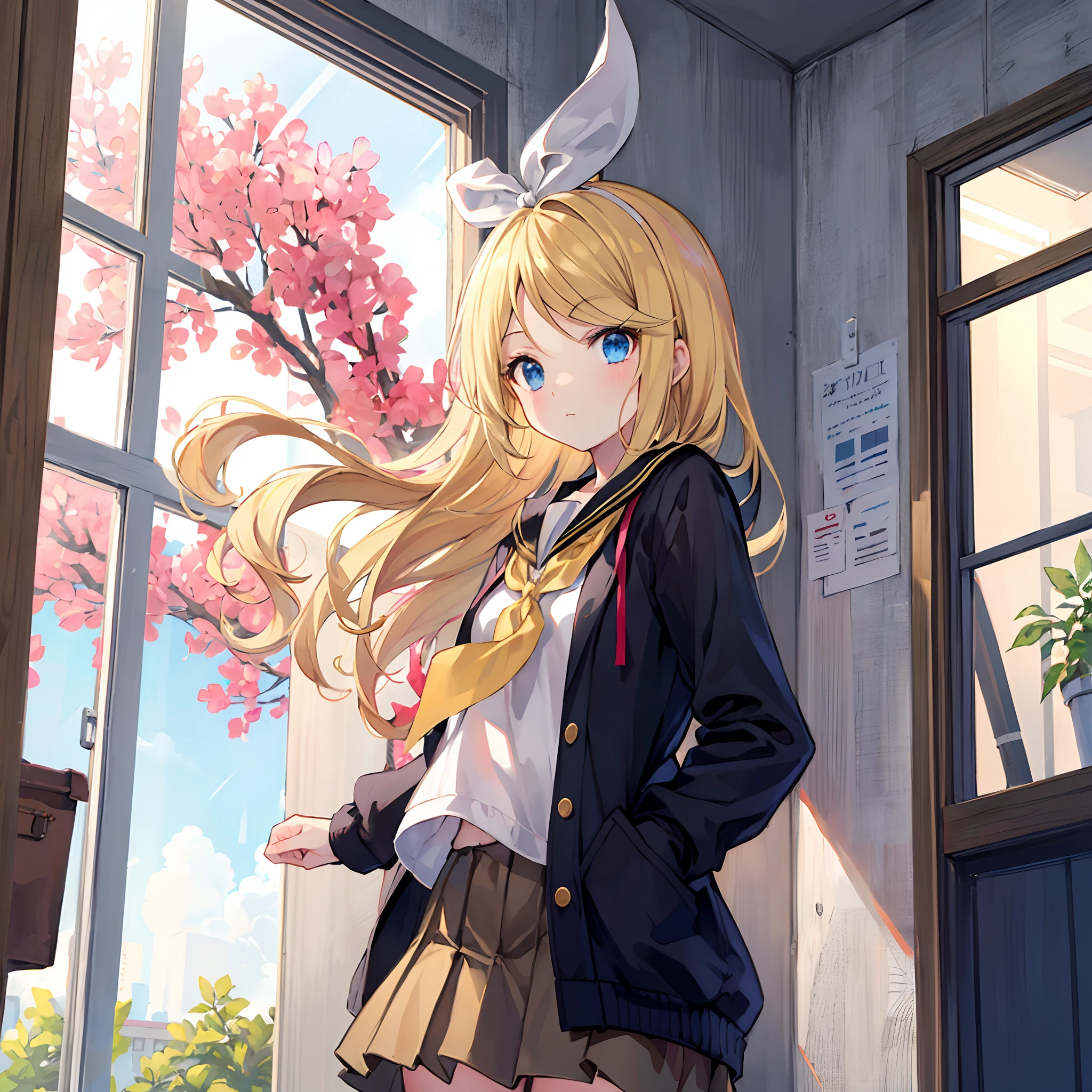 Kagamine Rin , por rubio , coletas 、ojos rojos、Hermosa chica sola、quimono、una minifalda、aula de escuela 、sentado en pupitre , luz de atardecer (entrando por la ventana , cortinas que se mueven un poco con el viento