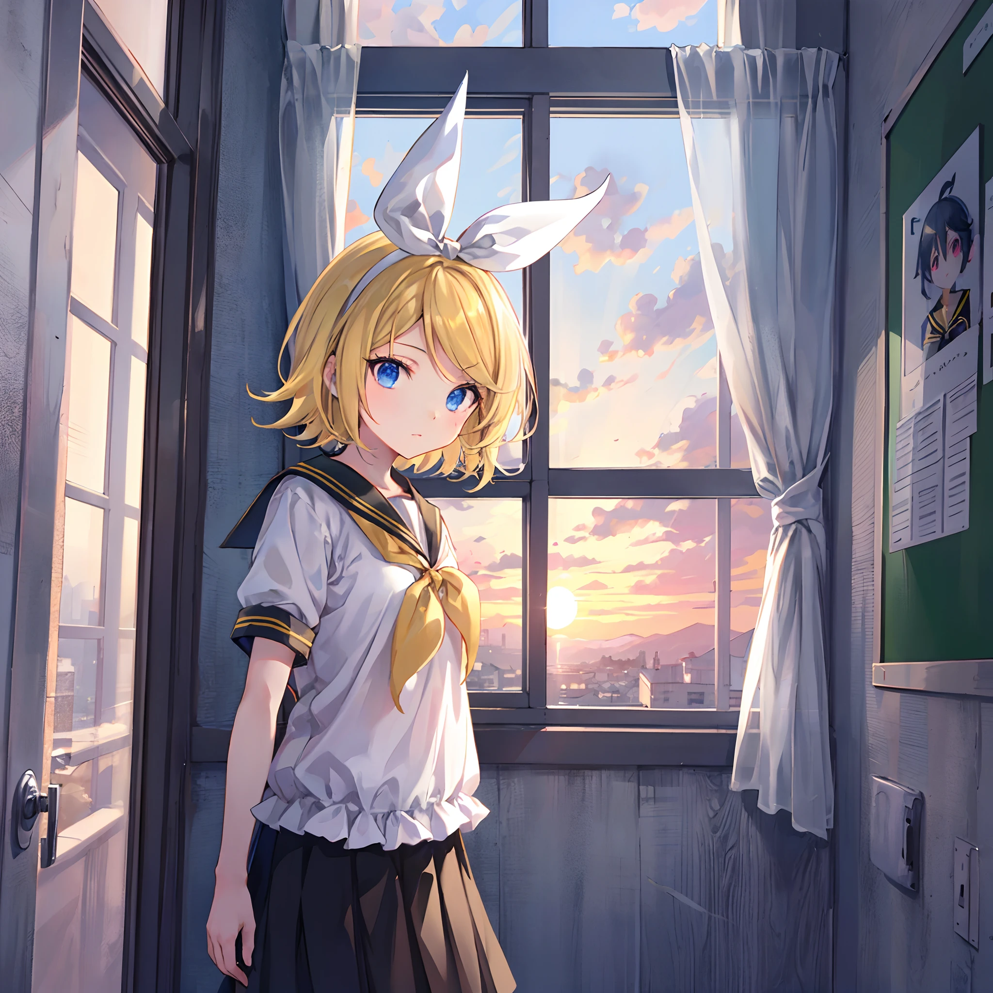 Kagamine Rin , por rubio , coletas 、ojos rojos、Hermosa chica sola、quimono、una minifalda、aula de escuela 、sentado en pupitre , luz de atardecer (entrando por la ventana , cortinas que se mueven un poco con el viento