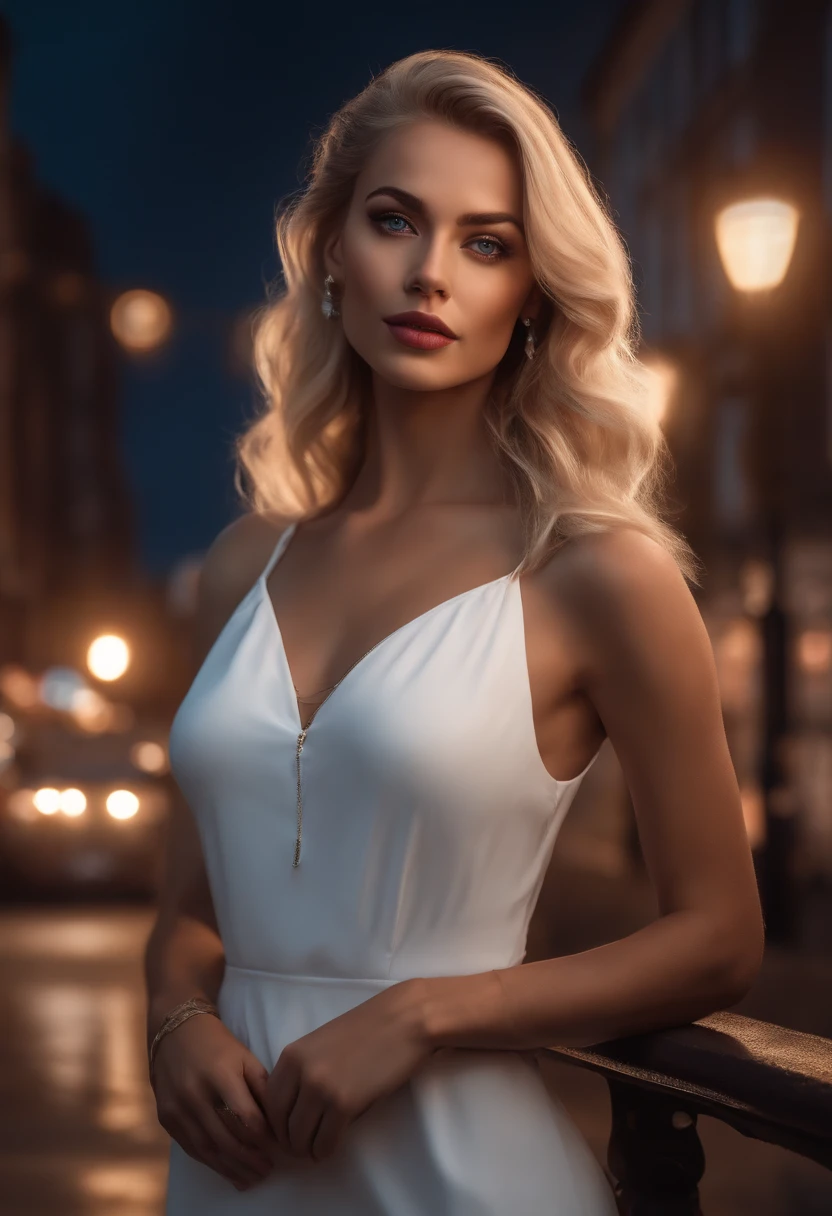 Create a realistic and detailed portrait of a white female Instagram influencer with blonde hair and blue eyes. She is standing on a street at night under a streetlight, wearing a tight white short dress. Captivate her best qualities and attention to detail in your artwork.