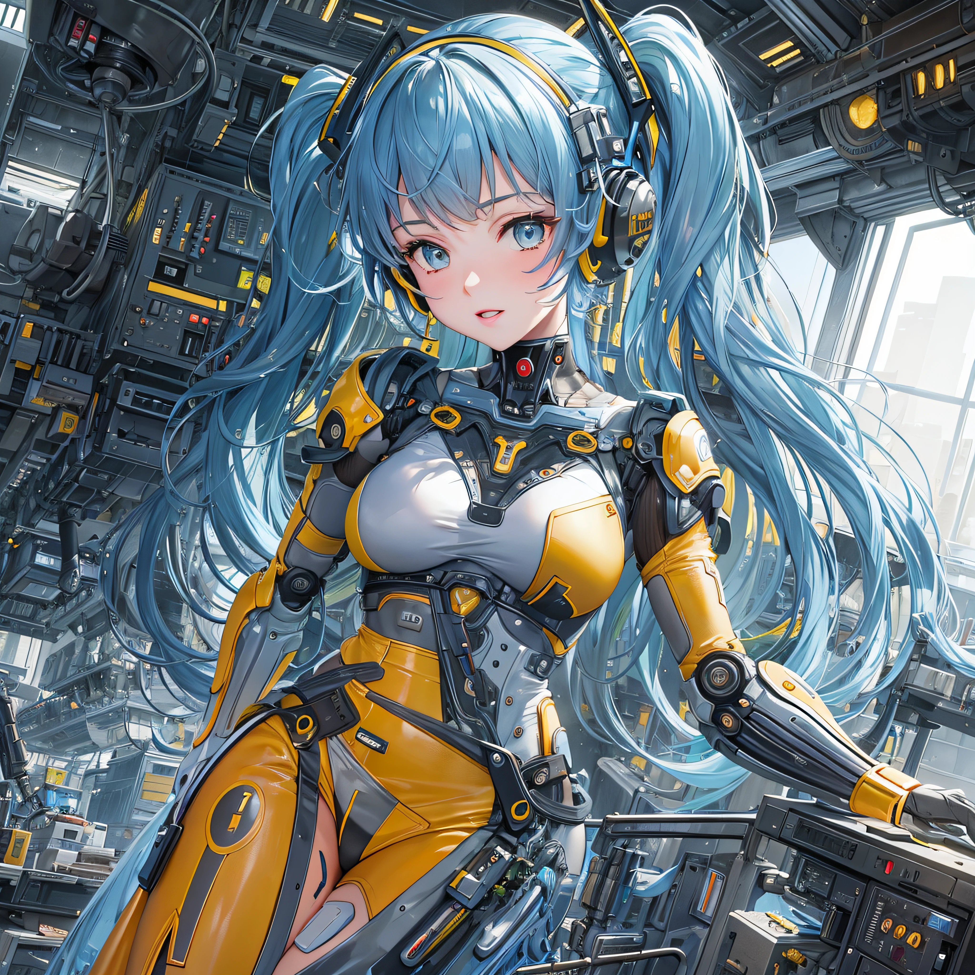 (((masterpiece))), (((best quality))), ((ultra-detailed)), (highly detailed CG illustration), ((an extremely delicate and beautiful)), cinematic light,((1girl)), solo, (upper body), (character focus), absurdres, high contrast, extreme detailed,colorful,highest detailed, science fiction, nanosuit, high ponytail, (light blue hair), yellow eyes, knee boots, (spacecraft interior), mechanical limbs, large breasts, metal wire,