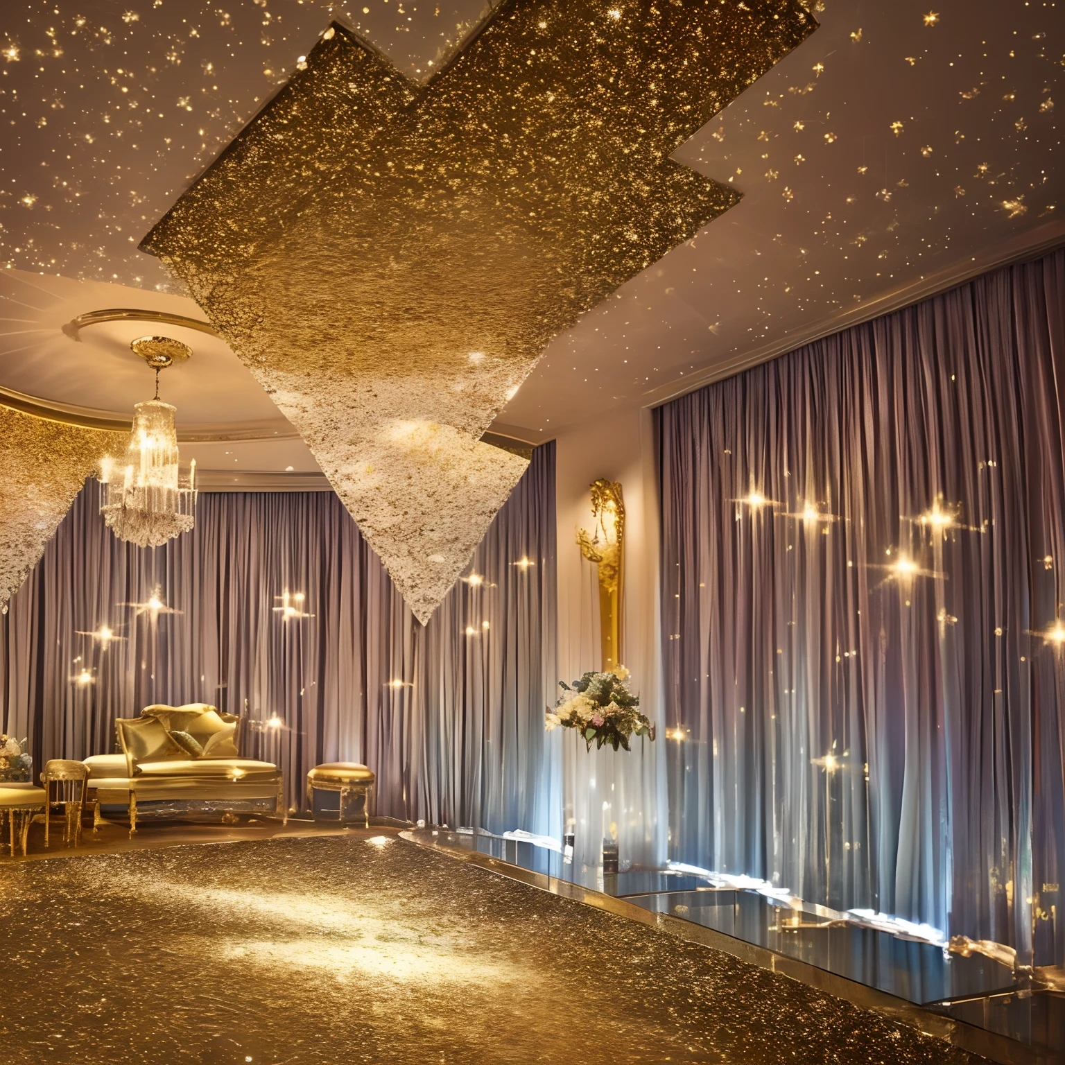 finest image, detailed and delicate depiction, iridescent light glass crystal metal-plated room, background fantasy, that emits fantastic light, light particles, light sparkles, scatter gold and silver glitter and confetti, iridescent light particles, many falling petals, professional lighting