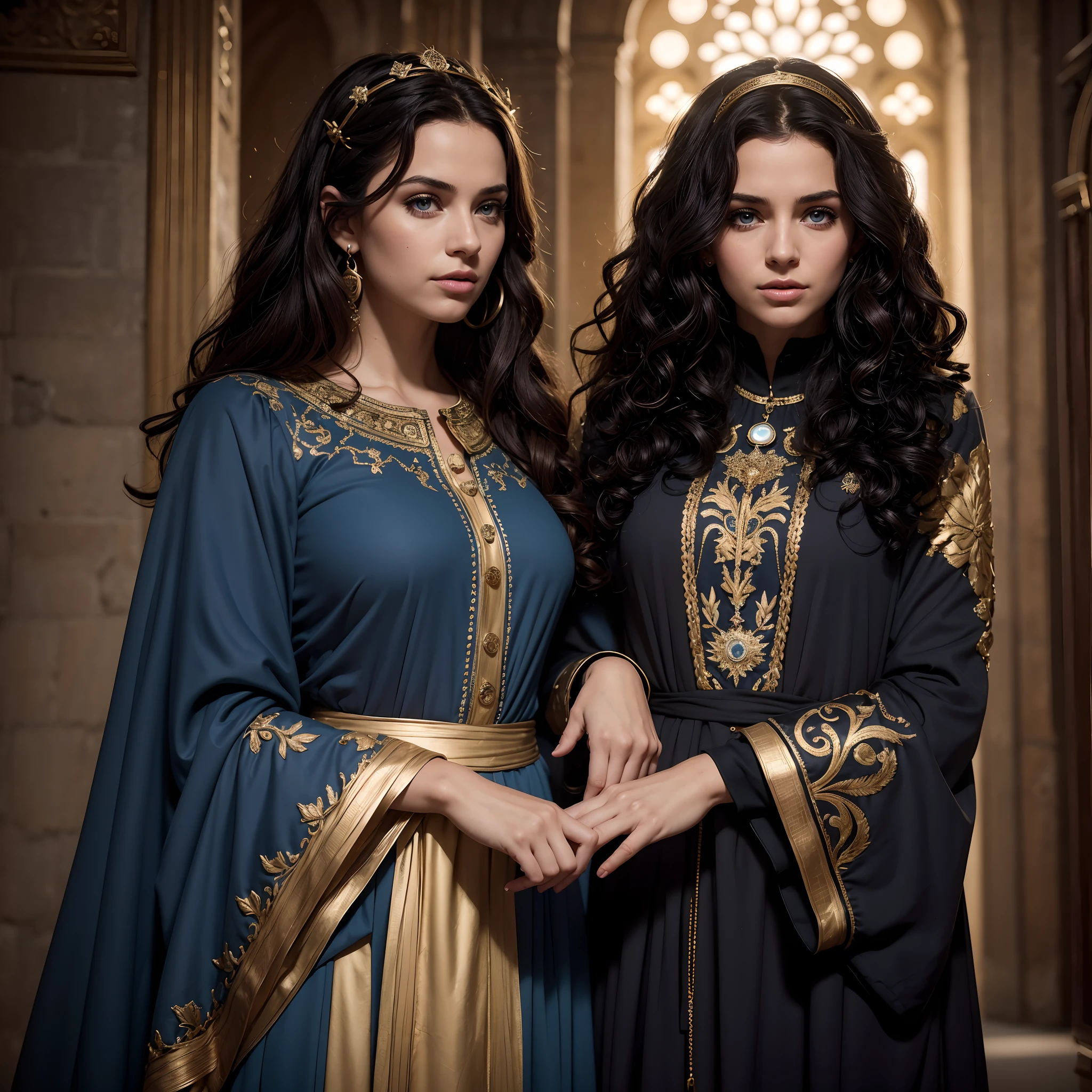 Photo brute, femme 25 ans, Image up to the size in the center of the composition, ((long, noir, curly hair)), yeux bleus, brillants hautain, Salope, arrogant, gold embroidered from the high medieval moroccan caftan red DARK BLUE) avec long, large, in a medieval castle, blurred background, 8K UHD, dim lighting, hiquality, grain du film, Fujifilm XT3