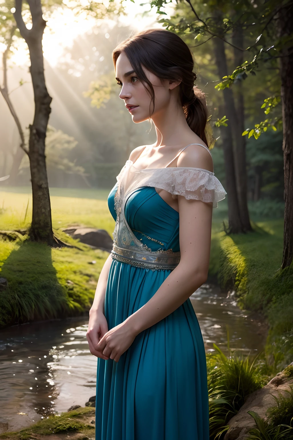 Keira Knightley,medieval period,fields of wheat,simple beauty,sitting by the creek,passionate and sensual movie scene,feeding water to her horse,(best quality,4k,8k,highres,masterpiece:1.2),ultra-detailed,(realistic,photorealistic,photo-realistic:1.37),oil painting,romantic atmosphere,vibrant colors,warm golden tone,soft and natural lighting,flowing gown,glistening brooch,rustic setting,melancholic expression,subtle wind blowing through her hair,gentle sunlight filtering through the trees,breathtaking landscape,subtle reflections on the water,rays of sunlight illuminating the scene,enchanted forest,vivid blue sky,butterflies fluttering around her,detailed horse anatomy and features,aesthetic composition,ethereal atmosphere,intricate details of her facial features,expressive eyes and lips,captivating expression,gentle smile,graceful posture,powerful yet delicate emotions,serenity and tranquility in her gaze,the charm of a bygone era,storytelling element,classic elegance,cinematic ambiance,timeless beauty unveiled,romantic yet strong-willed character,an epic love story unfolds in the beautiful countryside,a moment frozen in time,serene connection between the protagonist and her environment.