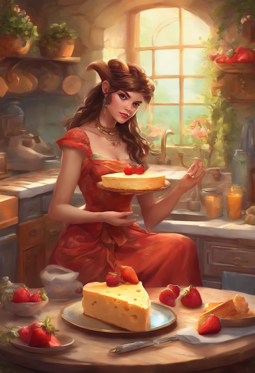 a picture of an a female minotaur eating cheese cake, there is a a female (minotaur: 1.2) dynamic colors, busty  wearing an apron, wearing skirt, sitting in a modern kitchen eating (cheese cake: 1.3) with strawberries and cream, modern kitchen background, ultra best realistic, best details, best quality, 16k, [ultra detailed], masterpiece, best quality, (extremely detailed), ultra wide shot, photorealism, depth of field, hyper realistic