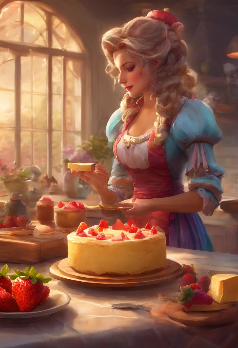 a picture of an a female minotaur eating cheese cake, there is a a female (minotaur: 1.2) dynamic colors, busty  wearing an apron, wearing skirt, sitting in a modern kitchen eating (cheese cake: 1.3) with strawberries and cream, modern kitchen background, ultra best realistic, best details, best quality, 16k, [ultra detailed], masterpiece, best quality, (extremely detailed), ultra wide shot, photorealism, depth of field, hyper realistic