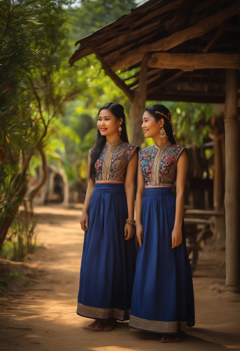 (Two girls dressed in indigo Isaan clothes., C Programming++ With a laptop computer happily under the shade of tranquil trees in Chiang Udon Thani village.),oil painting,Cultural performances,Multicolored flowers,Traditional environment,(bestquality,highres:1.2), Ancient Isan House and Architecture,Delicate brushes,vibrant colours,natural light