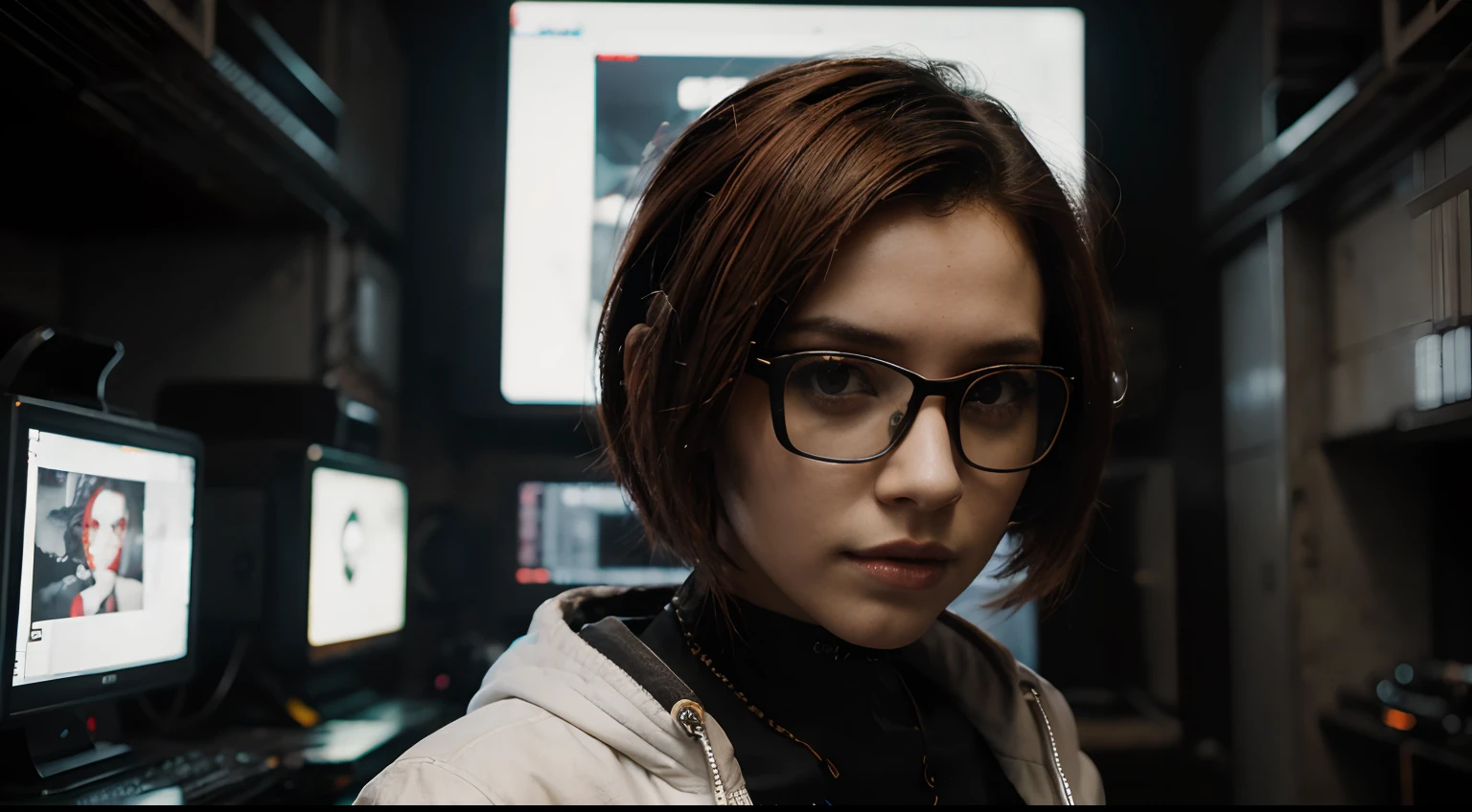 Front view, Looking at camera, Foto RAW,((jaqueta preta estilo cyberpunk:1.2)), ((retrato)), Android robot woman with short red hair, 30 years old with large glasses with modern aviator style design, olhos castanhos escuro, olhos perfeitos, ((fundo branco:1.2)), studio lighting, alta qualidade, filmic grain, Fujifilm XT3, Centralizado