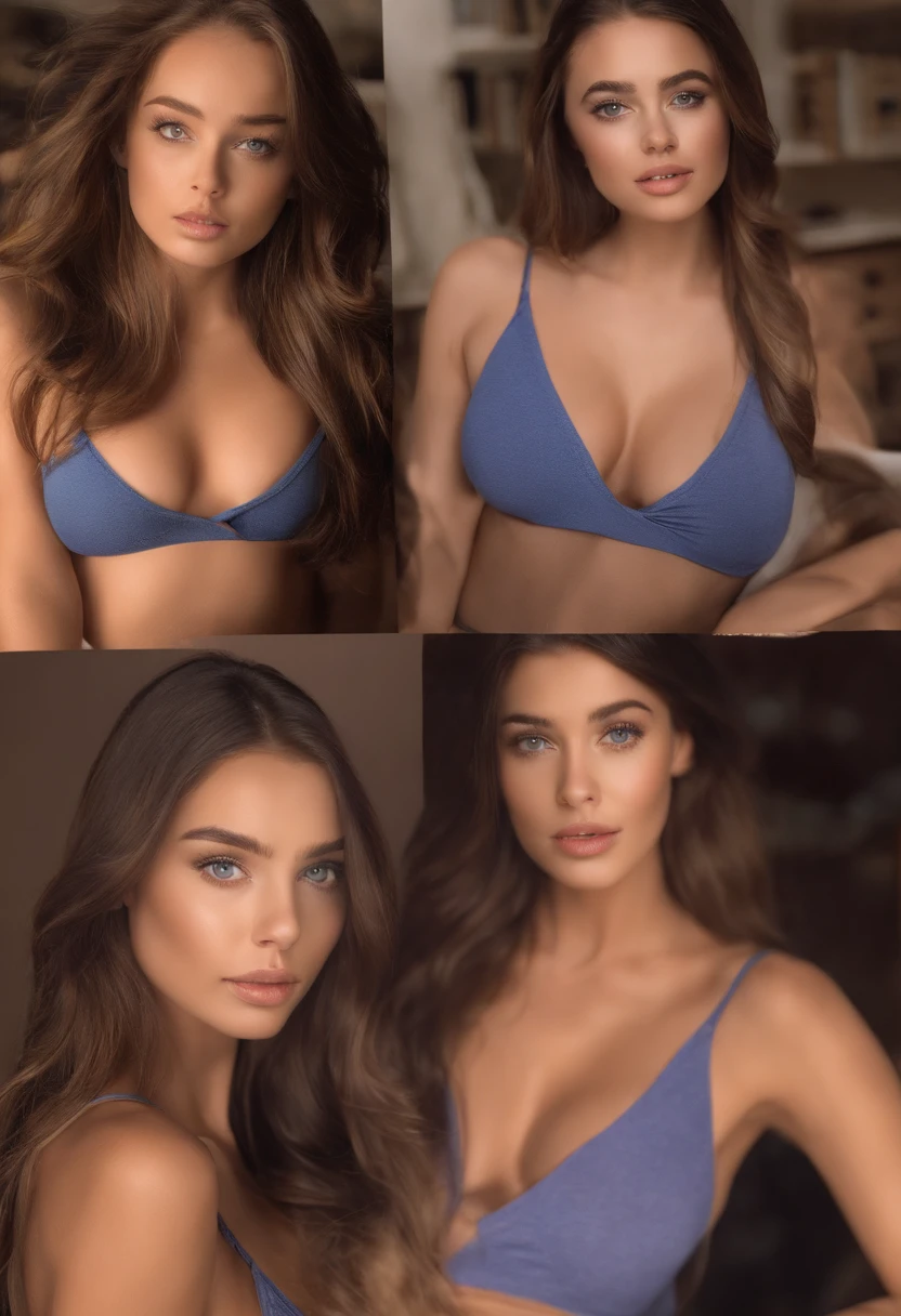 arafed woman with matching tank top and panties, sexy girl with blue eyes, portrait sophie mudd, brown hair and large eyes, selfie of a young woman, bedroom eyes, violet myers, without makeup, natural makeup, looking directly at the camera, face with artgram, subtle makeup, stunning full body shot, cleavage,Vogue style magazine cover