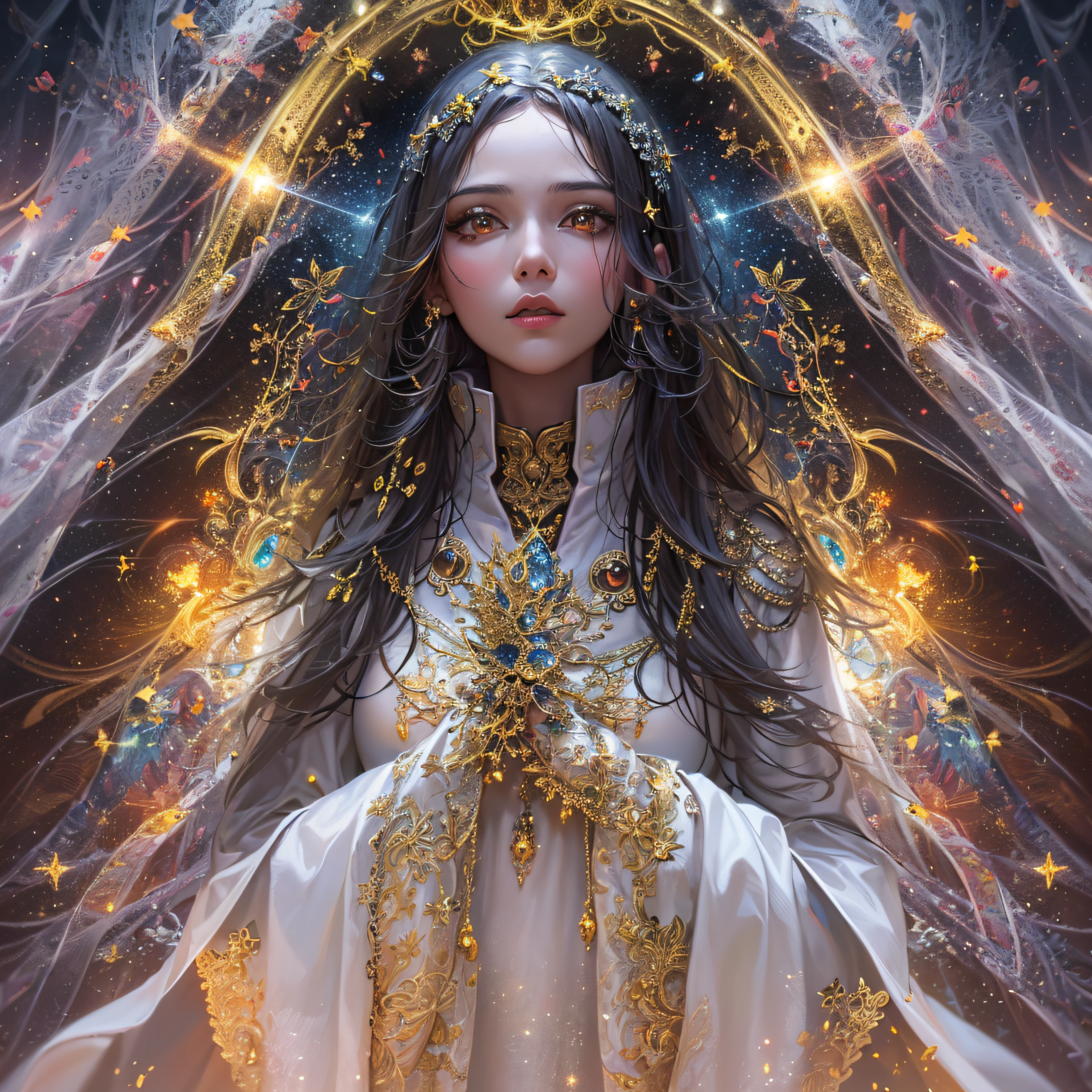 A woman with long hair and a veil in a white dress - SeaArt AI