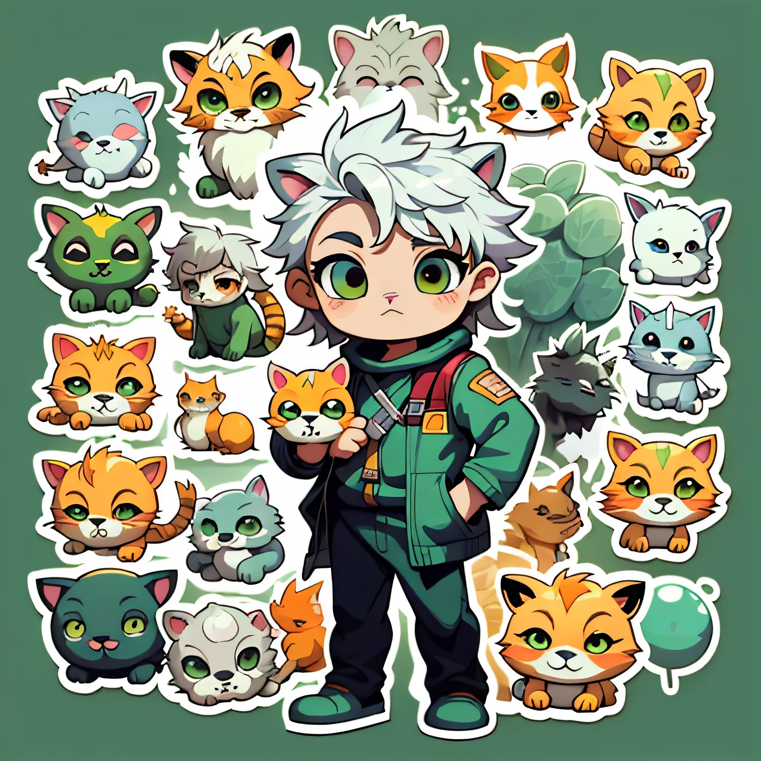 a sticker，Little lion\（organism\），Libido boy，simple backgound，Cartoon Cute，standing full-body，Green eyes，Silver-white hair