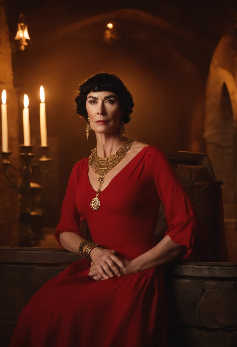 a woman in a red dress posing for a picture, portrait cersei lannister sit, by Cindy Sherman, wears a egyptian ankh necklace, with a male pirate partner, black bob haircut, in an attic, wearing a designer top, ophelia, episode still, expressive pose, maori, 2 0 1 9, the second… like a calf, drag queen, atlantis, elegant gold skin
