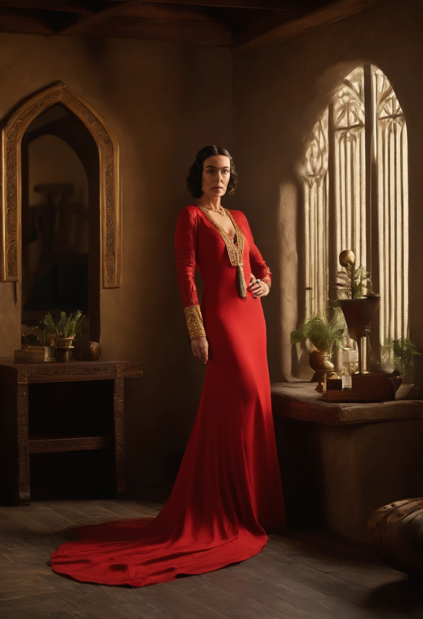 a woman in a red dress posing for a picture, portrait cersei lannister sit, by Cindy Sherman, wears a egyptian ankh necklace, with a male pirate partner, black bob haircut, in an attic, wearing a designer top, ophelia, episode still, expressive pose, maori, 2 0 1 9, the second… like a calf, drag queen, atlantis, elegant gold skin