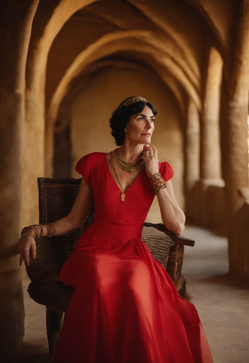 a woman in a red dress posing for a picture, portrait cersei lannister sit, by Cindy Sherman, wears a egyptian ankh necklace, with a male pirate partner, black bob haircut, in an attic, wearing a designer top, ophelia, episode still, expressive pose, maori, 2 0 1 9, the second… like a calf, drag queen, atlantis, elegant gold skin