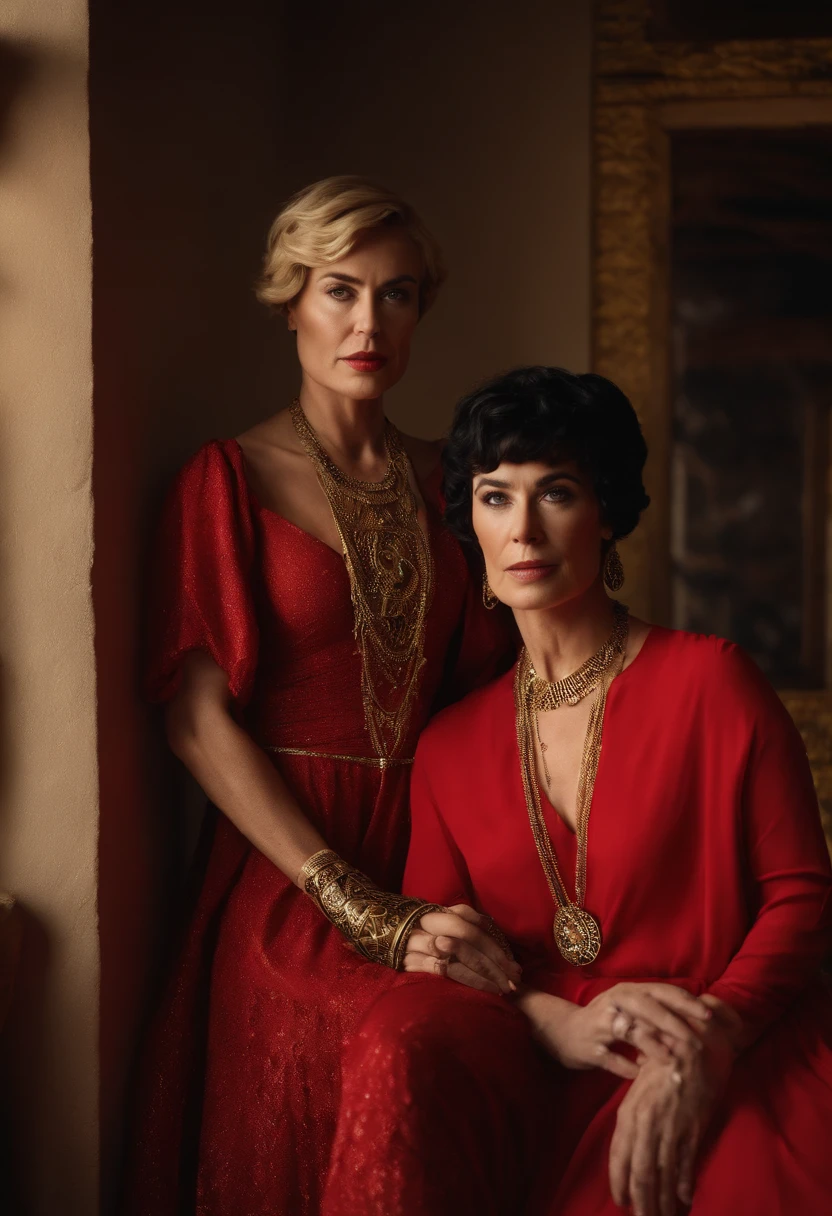 a woman in a red dress posing for a picture, portrait cersei lannister sit, by Cindy Sherman, wears a egyptian ankh necklace, with a male pirate partner, black bob haircut, in an attic, wearing a designer top, ophelia, episode still, expressive pose, maori, 2 0 1 9, the second… like a calf, drag queen, atlantis, elegant gold skin