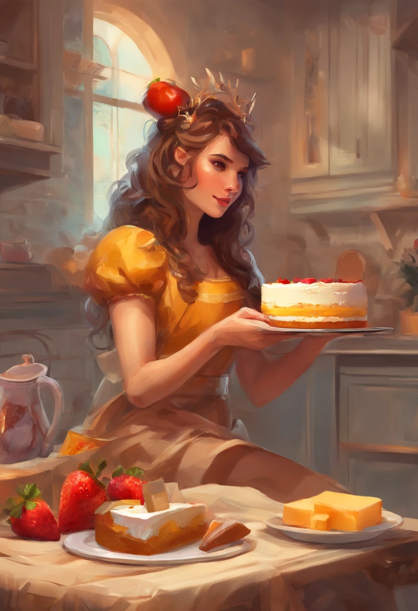 a picture of an a female minotaur eating cheese cake, there is a a female dynamic colors, busty  wearing an apron, wearing skirt, sitting in a modern kitchen eating (cheese cake: 1.3) with strawberries and cream, modern kitchen background, ultra best realistic, best details, best quality, 16k, [ultra detailed], masterpiece, best quality, (extremely detailed), ultra wide shot, photorealism, depth of field, hyper realistic