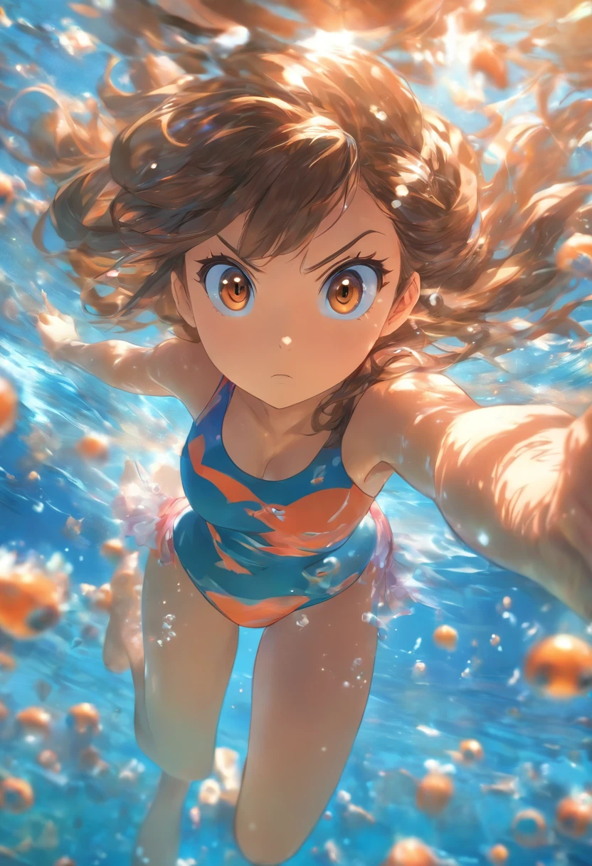 foreshortening,  depth of field, masterpiece, best quality, 1girl, brown hair, brown eyes,  long hair, underwater, air bubble, solo, looking at viewer, school swimsuit, swimming,  dappled sunlight,