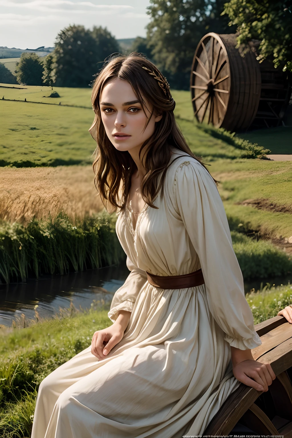 keira knightley,medieval period,fields of wheat, simple attire, sitting on a water wheel, passionate and sensual movie scene