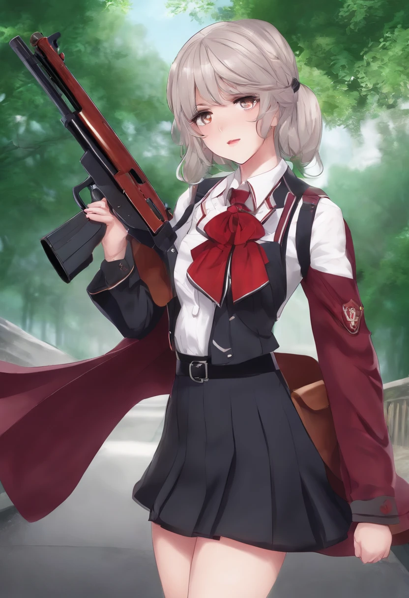 A HOT TEEN IN SCHOOLGIRL OUTFIT AND A SHOTGUN IN CURRENT TIMES anime style with evil features