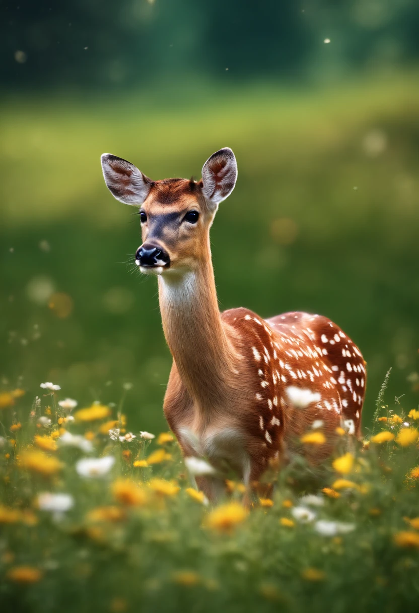 Sunnyday，A cute little sika deer rests on a green meadow full of flowers,A few butterflies flew over their heads
(Masterpiece: 1.5) (Photorealistic: 1.1) (Bokeh) (Best quality) (Detailed skin texture, pores, Hair: 1.1) (Intricate) (8K) (hdr) (the wallpaper) (Cinematic lighting) (Sharp focus )