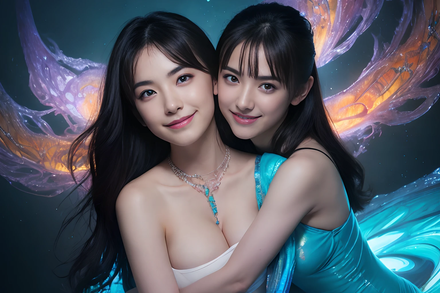 (Two beautiful teenage italian girls:1.6), Close friends, (They are hugging each other:1.2), Kiss her cheek or chest,(Detailed iridescent bodysuit with beautiful fractal or marble design:1.5)Incredible and spectacular scenes, ((High quality)), ((Detailed)), ((Fantasy)), Blue Plasma Brain, Green Plasma Body, Vulgarity, beutiful breast, (Open legs:1.4), obscenity, (Lewd smile:1.2), coarse, Obscene, mean, (raunchy:1.2), (Immoral:1.2), Lachish, (small breasts with beautiful raised pink areolas,,,,:1.5), (Cameltoe), (Expression of ecstasy:1.2), Photorealistic, Official art, unity 8k wall paper, 8K Portrait, Best Quality, Very high resolution, (Incredibly beautiful nature background:1.6), (18 years old:1.5), (Sexy and glamorous:1.1), (A coquettish expression:1.6), (seductively smiling:1.6), (Full body), (erotic posing:1.5), Beautiful seductive face, Portrait, (Thick eyebrows:1.5), (Big purple eyes:1.2), Beautiful eyes with fine symmetry, (Ultra detailed eyes:1.4), (High resolution eyes:1.1), Intimate face, (ultra detailed skin texture:1.4), White skin, pale skin, Perfect Anatomy, Thin, (Beautiful toned body:1.1), Hair Bow, (Moist skin:1.1), full of sweat, No makeup, dark circles, Good anatomy, Focus Face, good-looking, (Emilia Clark:0.6) (Emma watson:0.3),(Jennifer Connelly:0.4), (sensual face:1.5), Elegant face, Nice, Dolce, Blurred back((looks up)), ((Looking down)), (Around her neck is a simple necklace of exquisite workmanship), (Bioluminescence with brilliant brilliance:1.3), (Use fancy flame magic:1.2), (Swirling flames), The Great Temple of the Devil, The Devil's Grand Shrine, great temple, great cathedral, temple ruins, detached temple, (Luminous magic circle), Ruins of an ancient castle, Shining majestic cloud masses and sky, lightning bolt, Epic Realistic, Faded, Art Book, (Greg Rutkowski:0.8), (teal and orange:0.4), (Art Station:1.5), Cinematic, ((Neutral colors)), (nffsw:1.5), (Muted colors:1.2), Hyper Detailed, Dramatic light, (Intricate details:1.1), with an