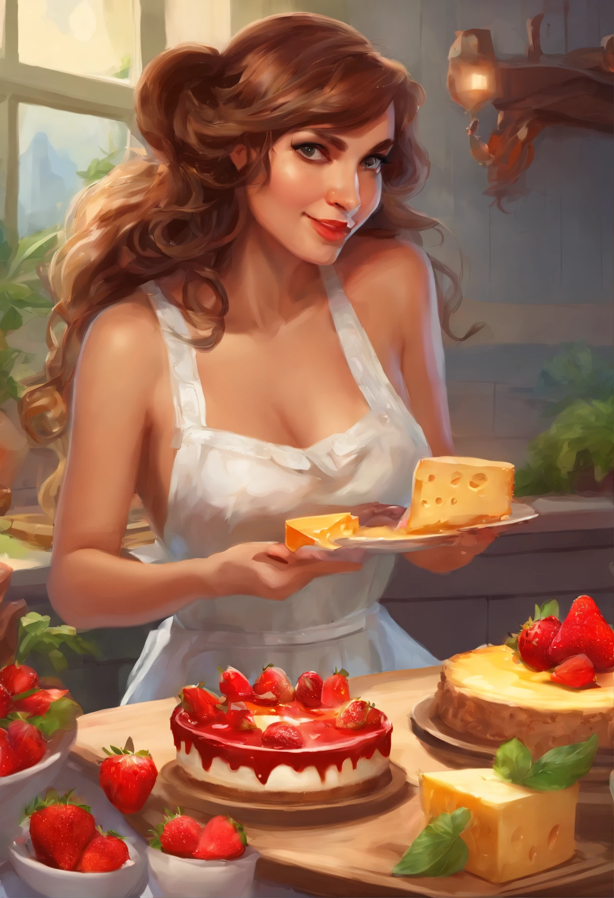 a picture of an a female minotaur eating cheese cake, there is a a female dynamic colors, busty  wearing an apron, wearing skirt, sitting in a modern kitchen eating (cheese cake: 1.3) with strawberries and cream, modern kitchen background, ultra best realistic, best details, best quality, 16k, [ultra detailed], masterpiece, best quality, (extremely detailed), ultra wide shot, photorealism, depth of field, hyper realistic