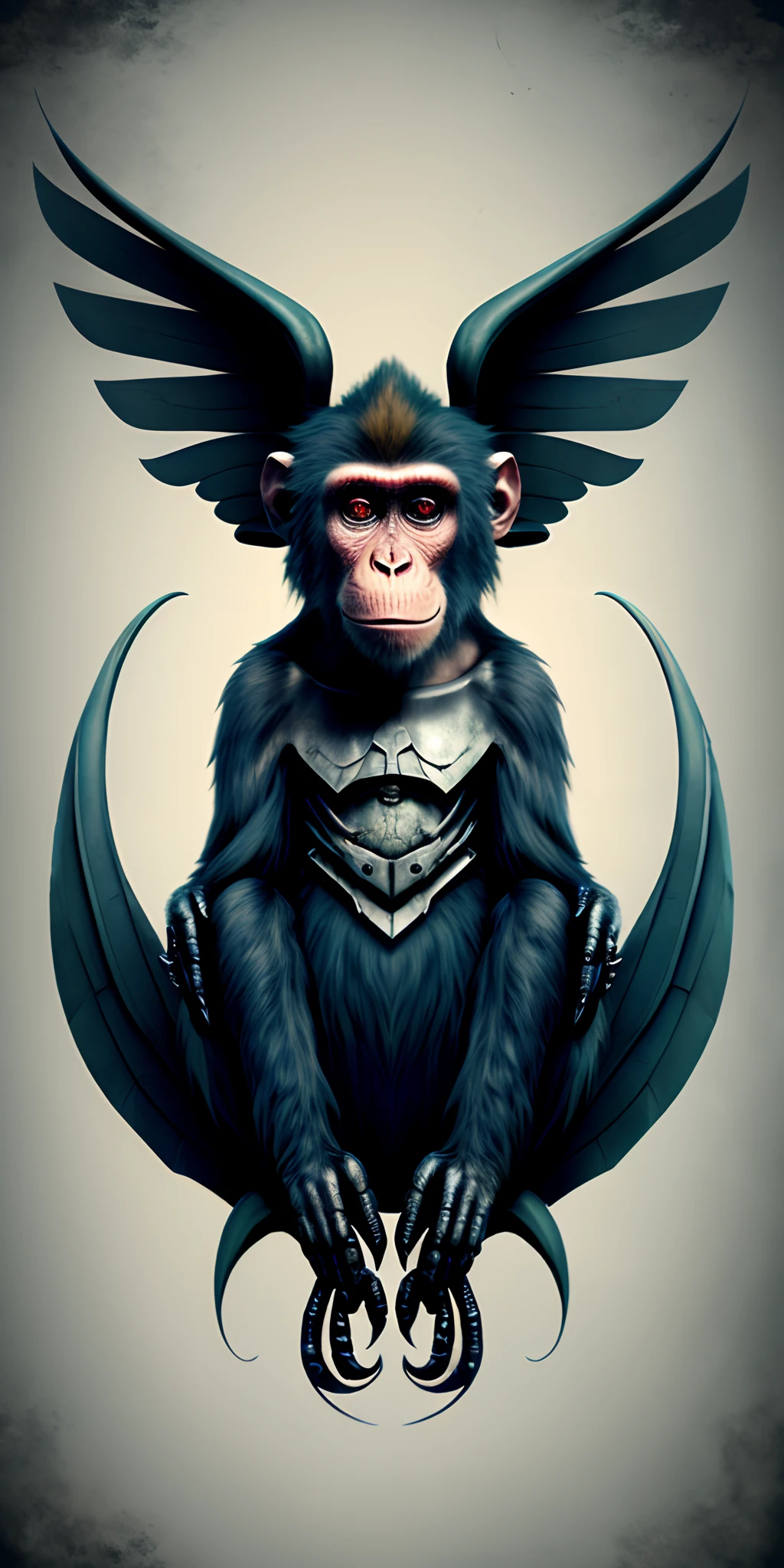 A monkey with wings and dark style, one of its arm is broken,