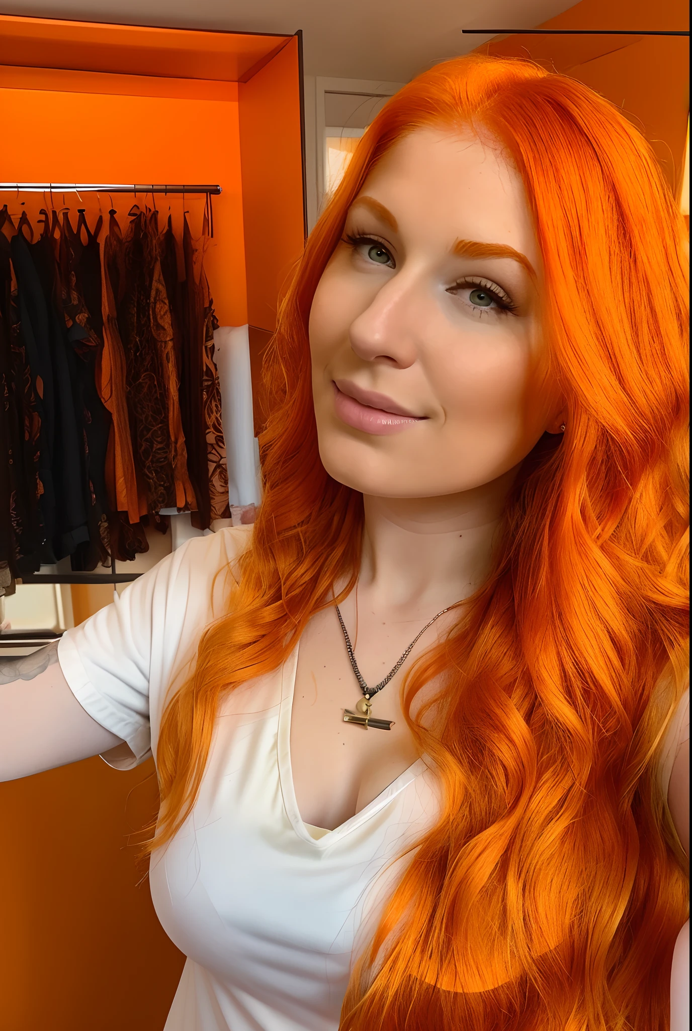 arafed woman with large breasts showing, long orange hair and a necklace taking a selfie, orange hair with dyed orange hair, headshot profile picture, large breasts exposed, profile image, no makeup wavy orange hair, profile picture, flattering orange hair, tessgarman, parted orange hair, balayage, sydney hanson, wavy shoulder-length orange hair, orange long wavy hair, kaitlyn michelle siragusa