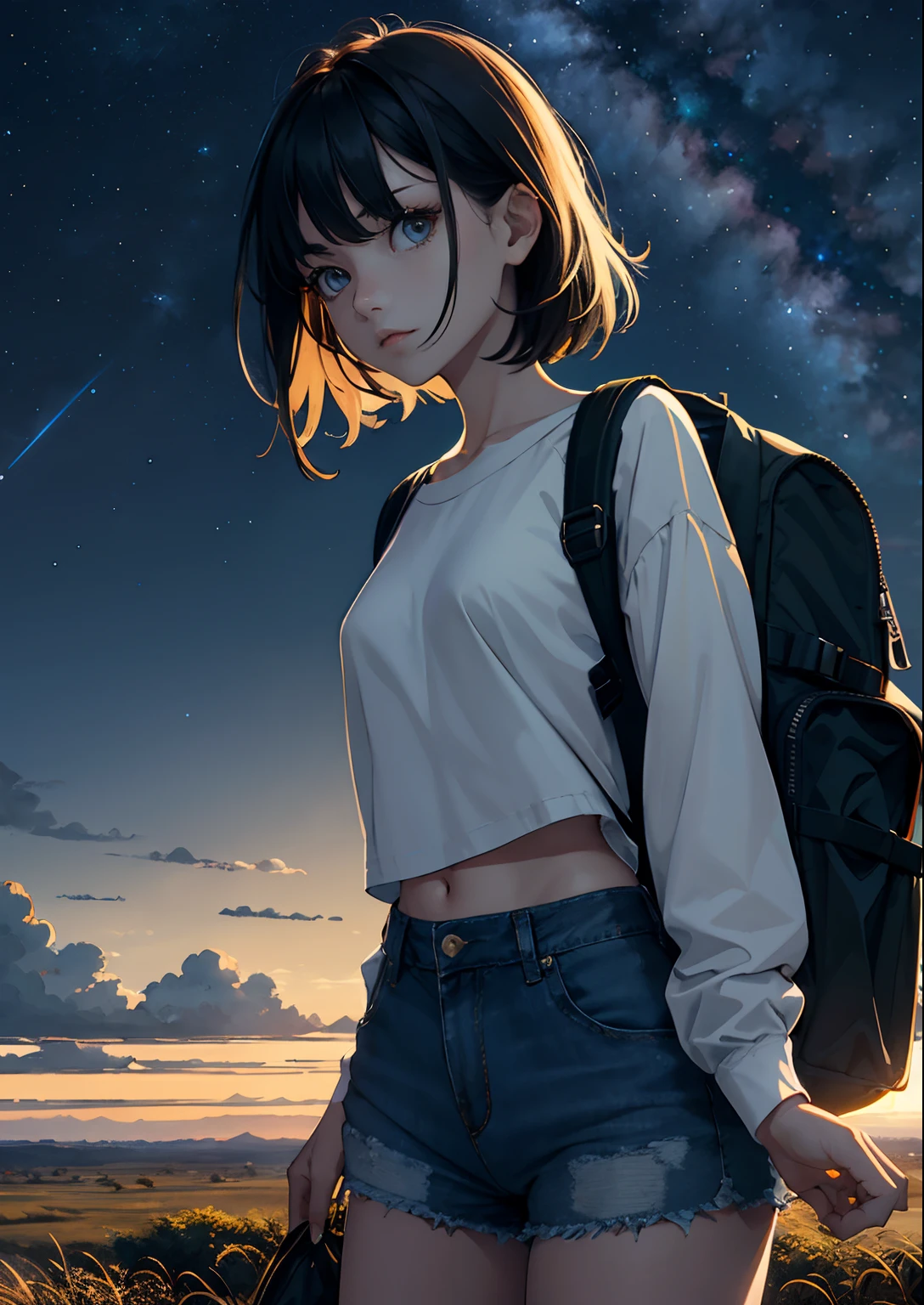 The vast sky, beautiful skyline, large grasslands, extremely tense and dramatic pictures, moving visual effects, high hanging Polaris, colorful natural glare. A girl in a long-sleeved top and denim shorts with a side backpack