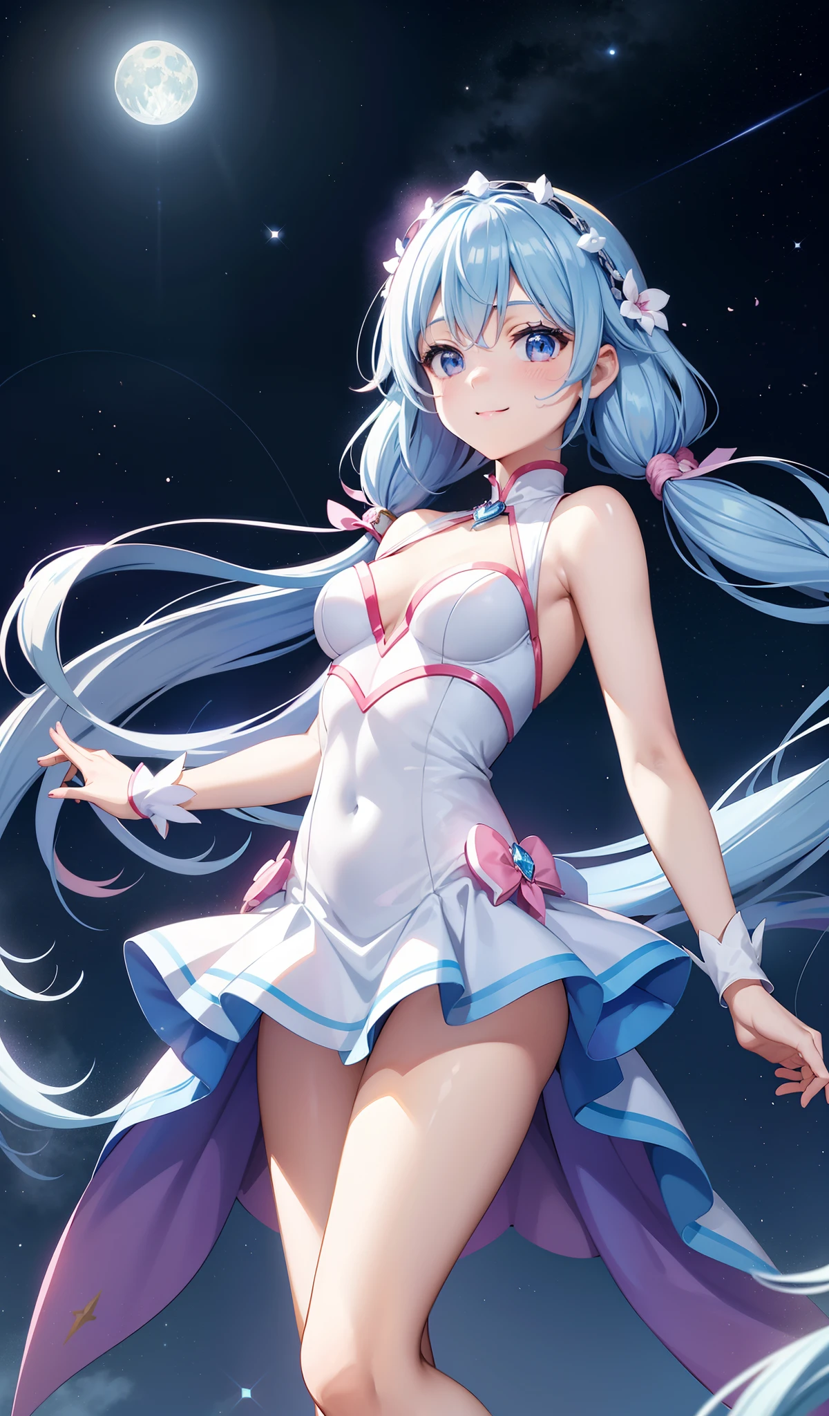 Super Idol　a beauty girl　A charming smile　sky blue hair　length hair　Facing straight ahead　Looking at the camera　Twin-tailed　Sparkling pale pink and pale blue and white leotard outfit　Mystical　Fantasia　constellation　a moon　Crystal Brilliance　Aurora Borealis in the Night Sky