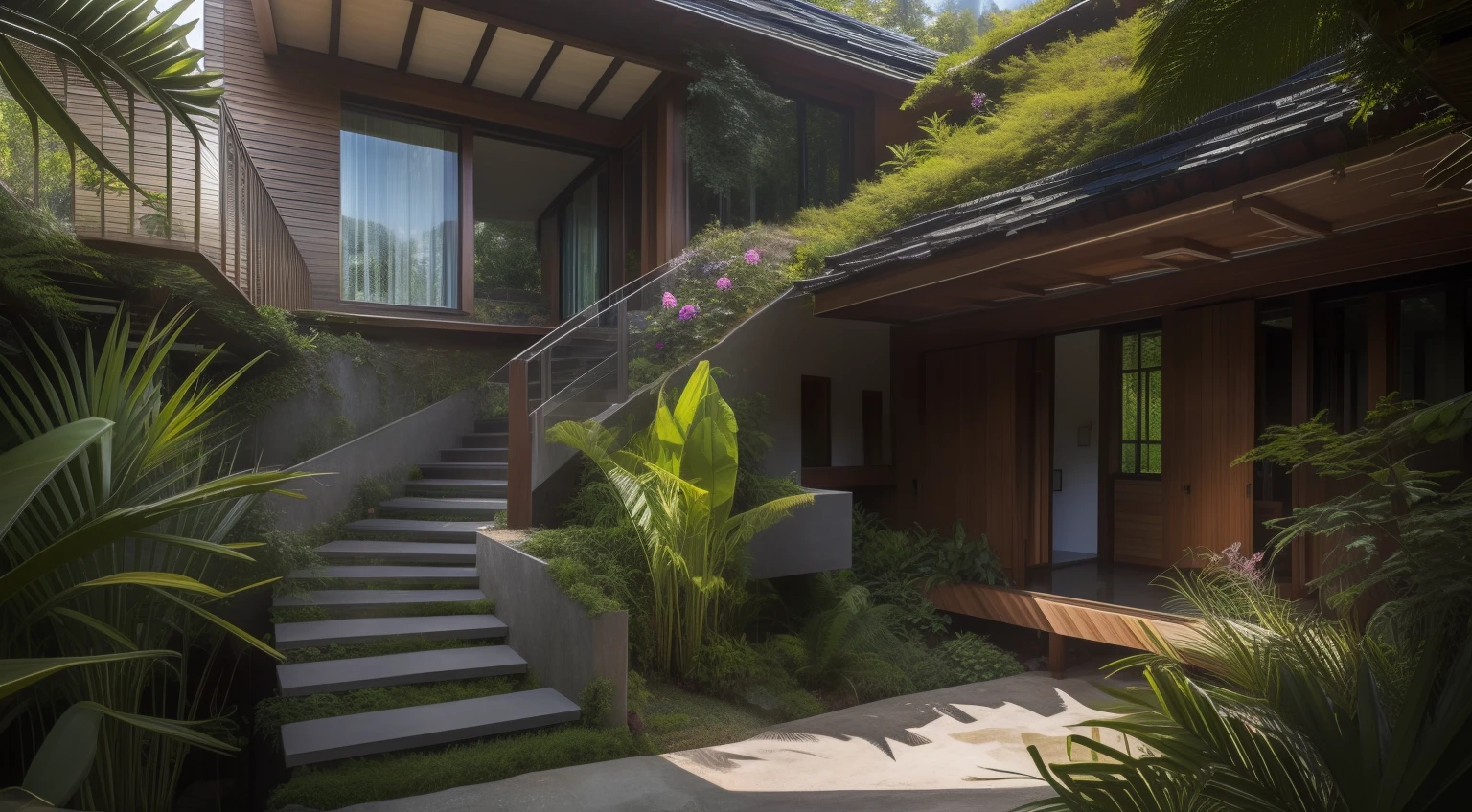 a close up of a house with a garden and stairs, roof with vegetation, dense with greenery, neo-andean architecture, ecovillage, neo - andean architecture, mix with rivendell architecture, wooden house, by Carlo Randanini, by Felipe Seade, very close to real nature, inter dimensional villa, green terrace, lush garden surroundings