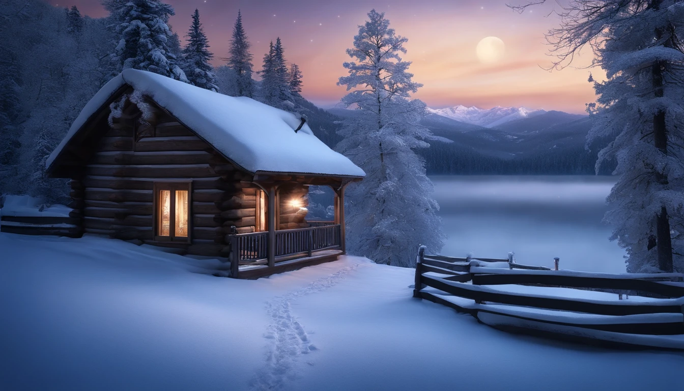 sky chill, winter wonderland, snowy trees, frozen lake, cozy cabin, warm fireplace, swirling snowflakes, crisp air, icy breath, soft snow-covered ground, majestic mountains, peaceful silence, sparkling stars, ethereal haze, serene atmosphere, calming blue hues, gentle moonlight, silent footsteps, magical ambiance, tranquil escape, soothing stillness (best quality, highres, ultra-detailed, realistic:1.37), snowy landscape, cabin in the woods, serene night scene, winter dreams, frosty enchantment, bonfire