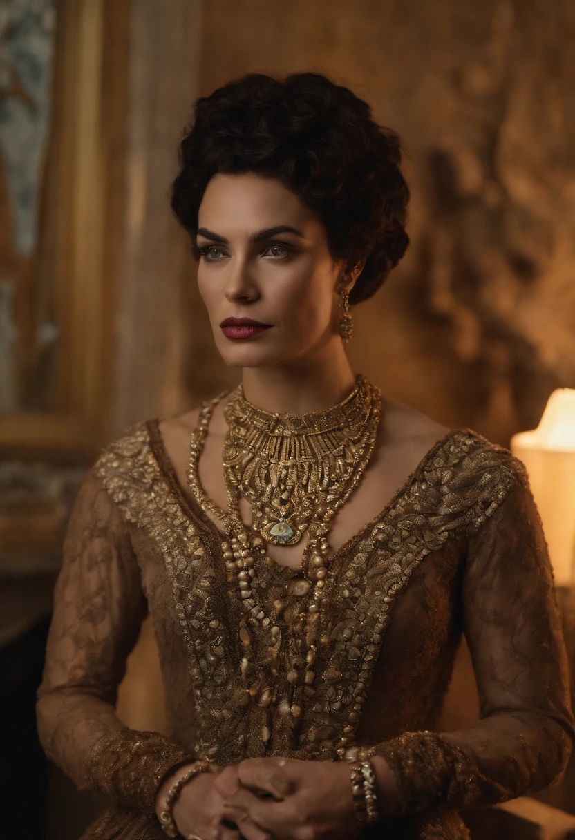 a woman in a red dress posing for a picture, portrait cersei lannister sit, by Cindy Sherman, wears a egyptian ankh necklace, with a male pirate partner, black bob haircut, in an attic, wearing a designer top, ophelia, episode still, expressive pose, maori, 2 0 1 9, the second… like a calf, drag queen, atlantis, elegant gold skin