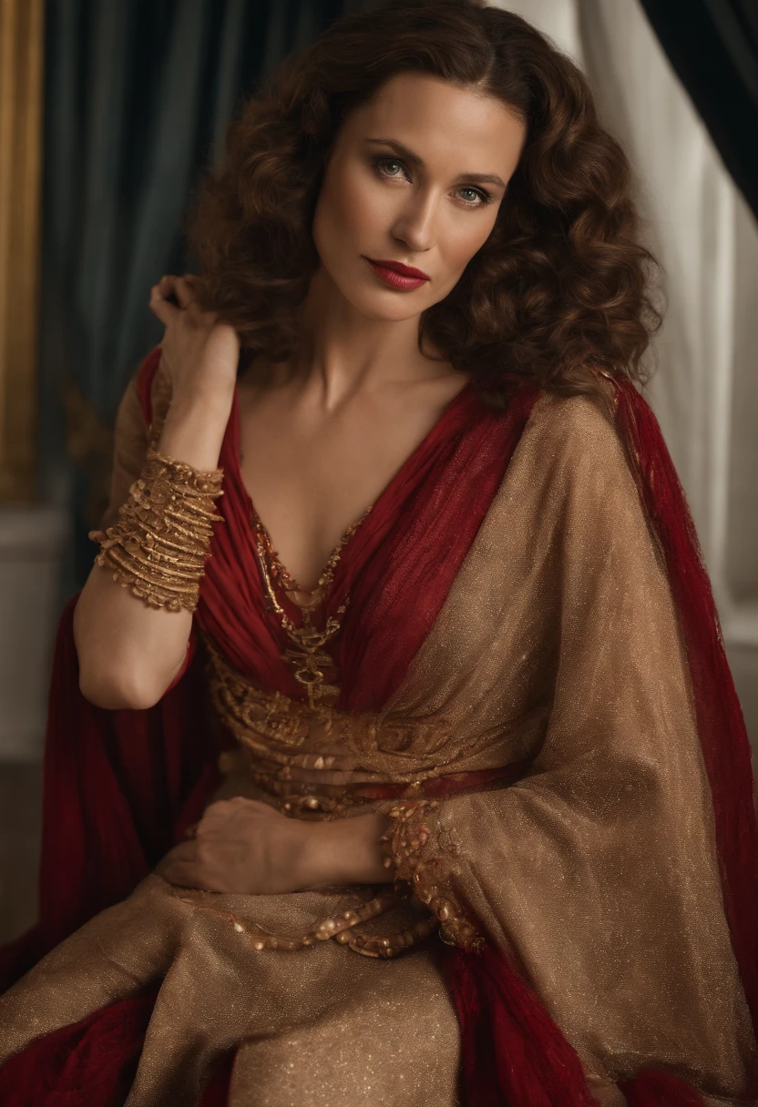 a woman in a red dress posing for a picture, portrait cersei lannister sit, by Cindy Sherman, wears a egyptian ankh necklace, with a male pirate partner, black bob haircut, in an attic, wearing a designer top, ophelia, episode still, expressive pose, maori, 2 0 1 9, the second… like a calf, drag queen, atlantis, elegant gold skin