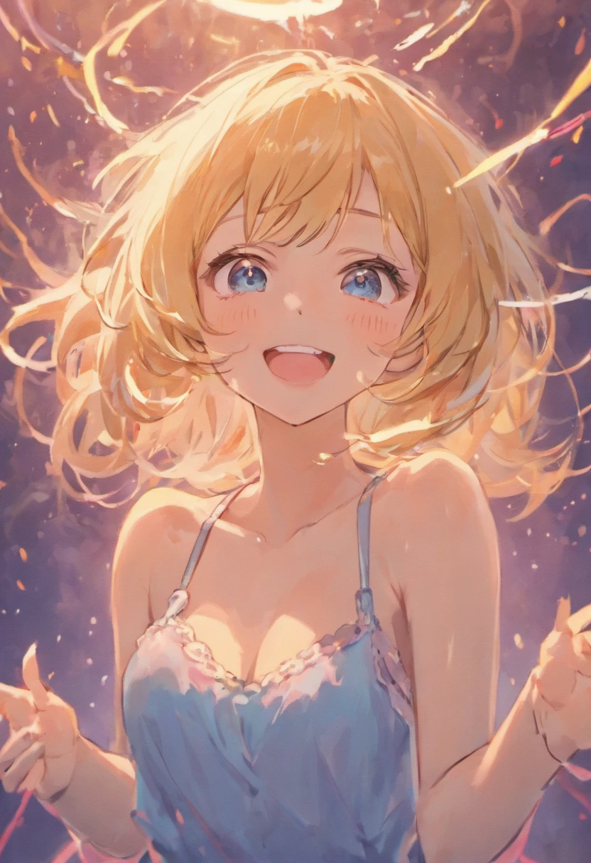 1 girl, 30 year old, laughing, smiling, upper body , camisole, air and light, delicate face, color,super detail sparkling big blue eyes, Reiko Kawauchi's art, dreamy lofi photography, ultra HD resolution, super resolution, super realistic images, super quality, Fujifilm, super detailed, 32k, best quality
