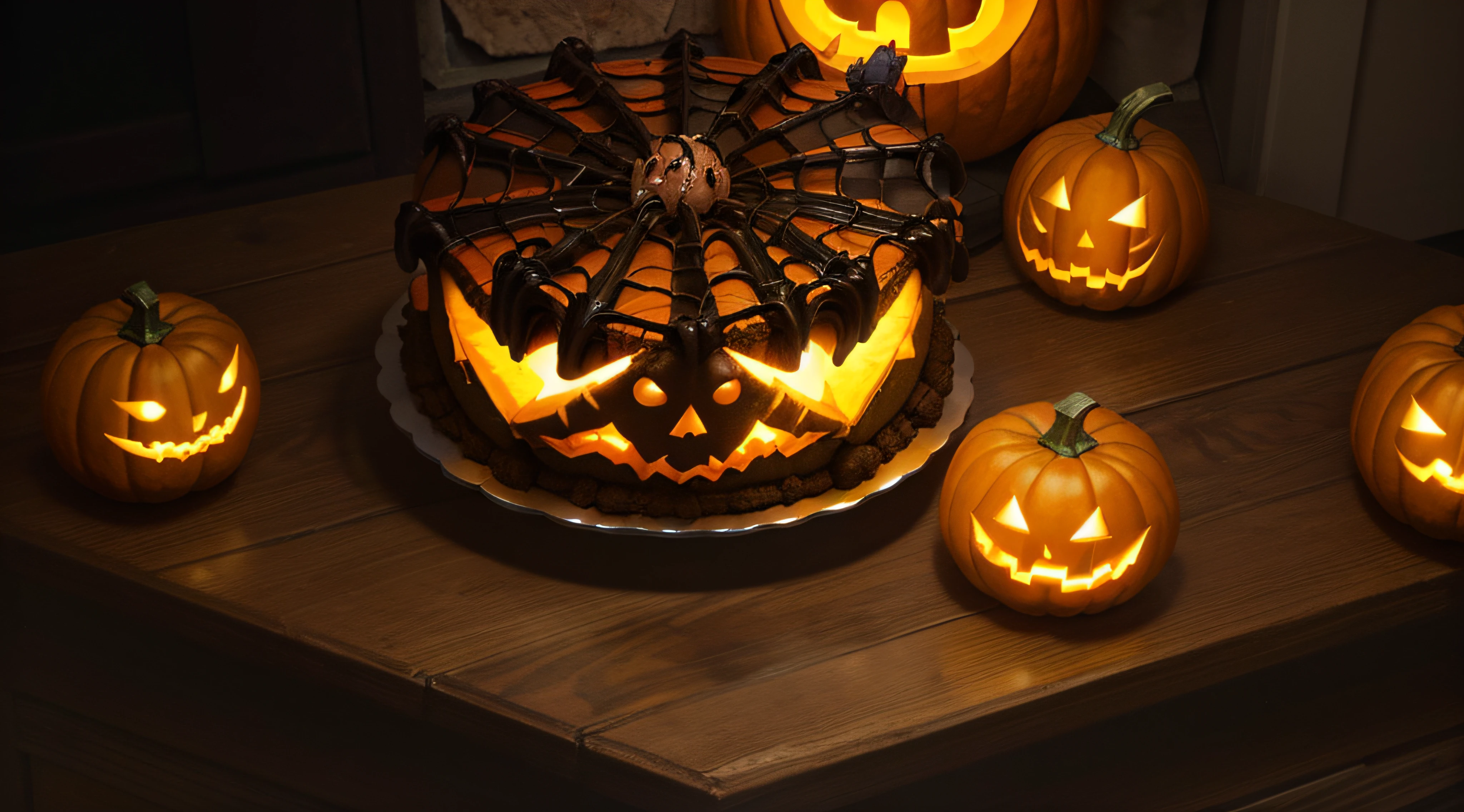 (Masterpiece) Halloween shaped cheesecake (spider web, spider, ghost, pumpkin...) (bright colors, digital art, digital photography, best quality, ultra detailed, HDR, 16k)