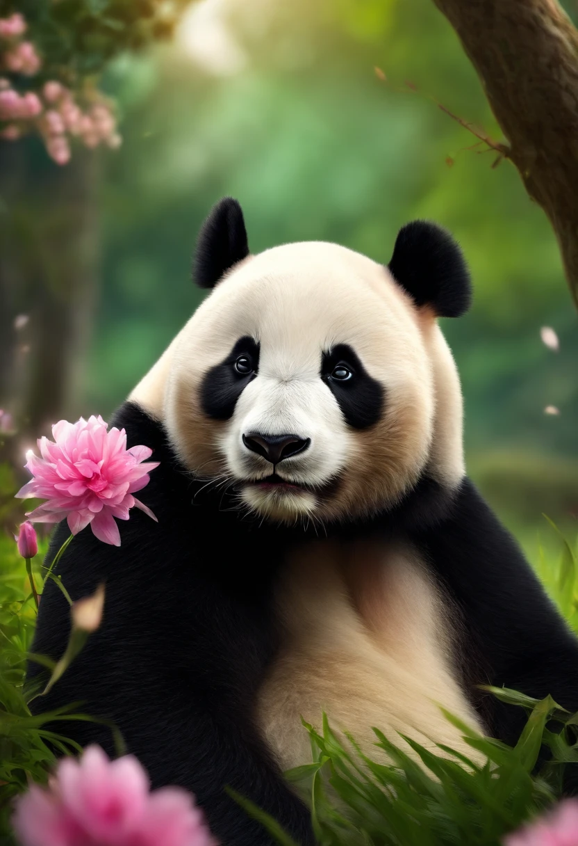 A fat panda，Sit on grass，Back against the tree，Holding a pink flower and smelling
(Masterpiece: 1.5) (Photorealistic: 1.1) (Bokeh) (Best quality) (Detailed skin texture, pores, Hair: 1.1) (Intricate) (8K) (hdr) (the wallpaper) (Cinematic lighting) (Sharp focus )