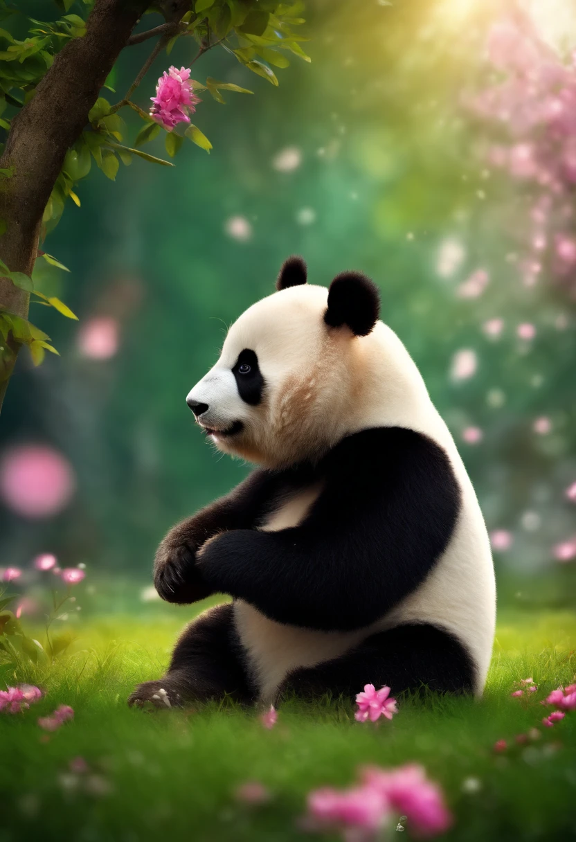 A fat panda，Sit on grass，Back against the tree，Holding a pink flower and smelling
(Masterpiece: 1.5) (Photorealistic: 1.1) (Bokeh) (Best quality) (Detailed skin texture, pores, Hair: 1.1) (Intricate) (8K) (hdr) (the wallpaper) (Cinematic lighting) (Sharp focus )
