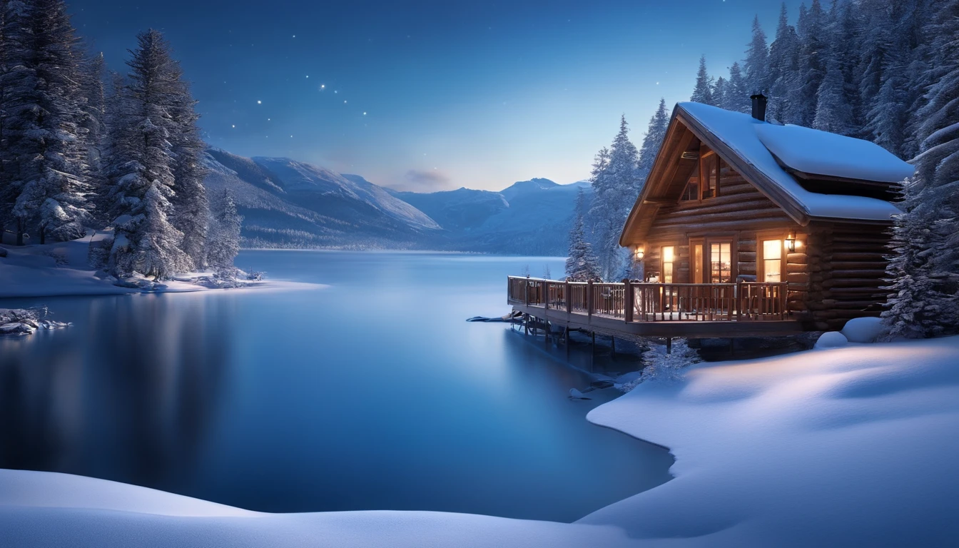 cabin, wooden house,sky chill, winter wonderland, snowy trees, frozen lake, cozy cabin, warm fireplace, swirling snowflakes, crisp air, icy breath, soft snow-covered ground, majestic mountains, peaceful silence, sparkling stars, ethereal haze, serene atmosphere, calming blue hues, gentle moonlight, silent footsteps, magical ambiance, tranquil escape, soothing stillness (best quality, highres, ultra-detailed, realistic:1.37), snowy landscape, cabin in the woods, serene night scene, winter dreams, frosty enchantment