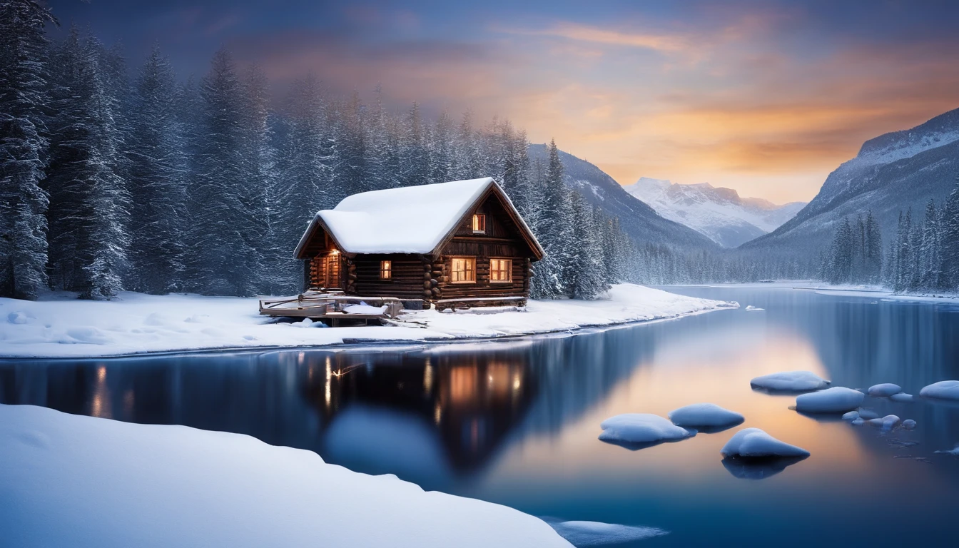 cabin, wooden house,sky chill, winter wonderland, snowy trees, frozen lake, cozy cabin, warm fireplace, swirling snowflakes, crisp air, icy breath, soft snow-covered ground, majestic mountains, peaceful silence, sparkling stars, ethereal haze, serene atmosphere, calming blue hues, gentle moonlight, silent footsteps, magical ambiance, tranquil escape, soothing stillness (best quality, highres, ultra-detailed, realistic:1.37), snowy landscape, cabin in the woods, serene night scene, winter dreams, frosty enchantment