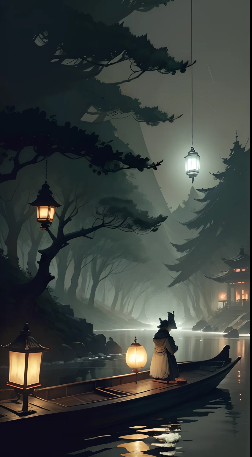In the middle of the night picture is a river,In the middle of the river is a boat,There was a ghost on board,The river is flanked by dense trees,White round lanterns hang from the trees,Spooky branch texture,shadowy lighting,The Chinese style is rich in color ,Green light,Terrifying atmosphere,Chinese Ghost Festival,Middle Metaverse,The breath of a ghost,