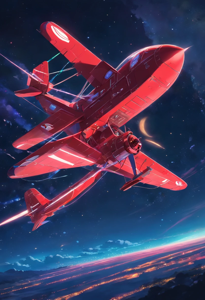 Crimson spaceship，, A biplane flying in the sky at night, Dark ( Spaceship ), scifi spaceship, Fantasy spaceship, futuristic spaceship, alien space ship flying in space, spaceship far on the background, A spaceship in dark space, futuristic starship, detailed spaceship,