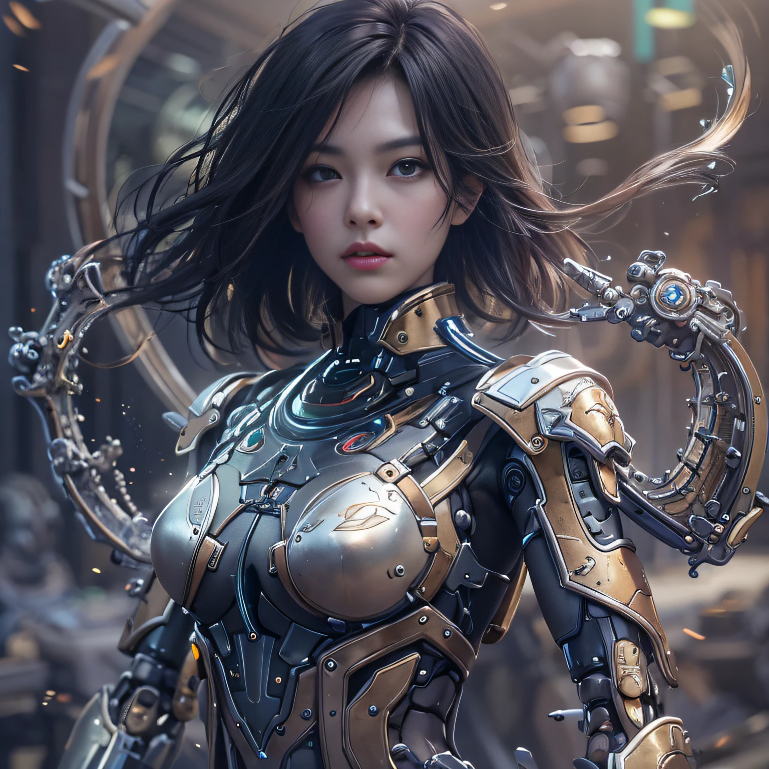 (((Masterpiece))), (((Best quality))), ((Ultra-detailed)), (Highly detailed CG illustration), ((An extremely delicate and beautiful)),Cinematic light,((1 mechanical girl)),Solo,(machine made joints:1.2),((Mechanical limb)), ((mechanical cervial attaching to neck)),(wires and cables attaching to neck:1.2),(wires and cables on head:1.2)(Character focus),Science fiction, extreme detailed details,highest details, Realistic, dunhuang, flowy, Colorful, (Long mechanical legs), full bodyesbian, Pink mech