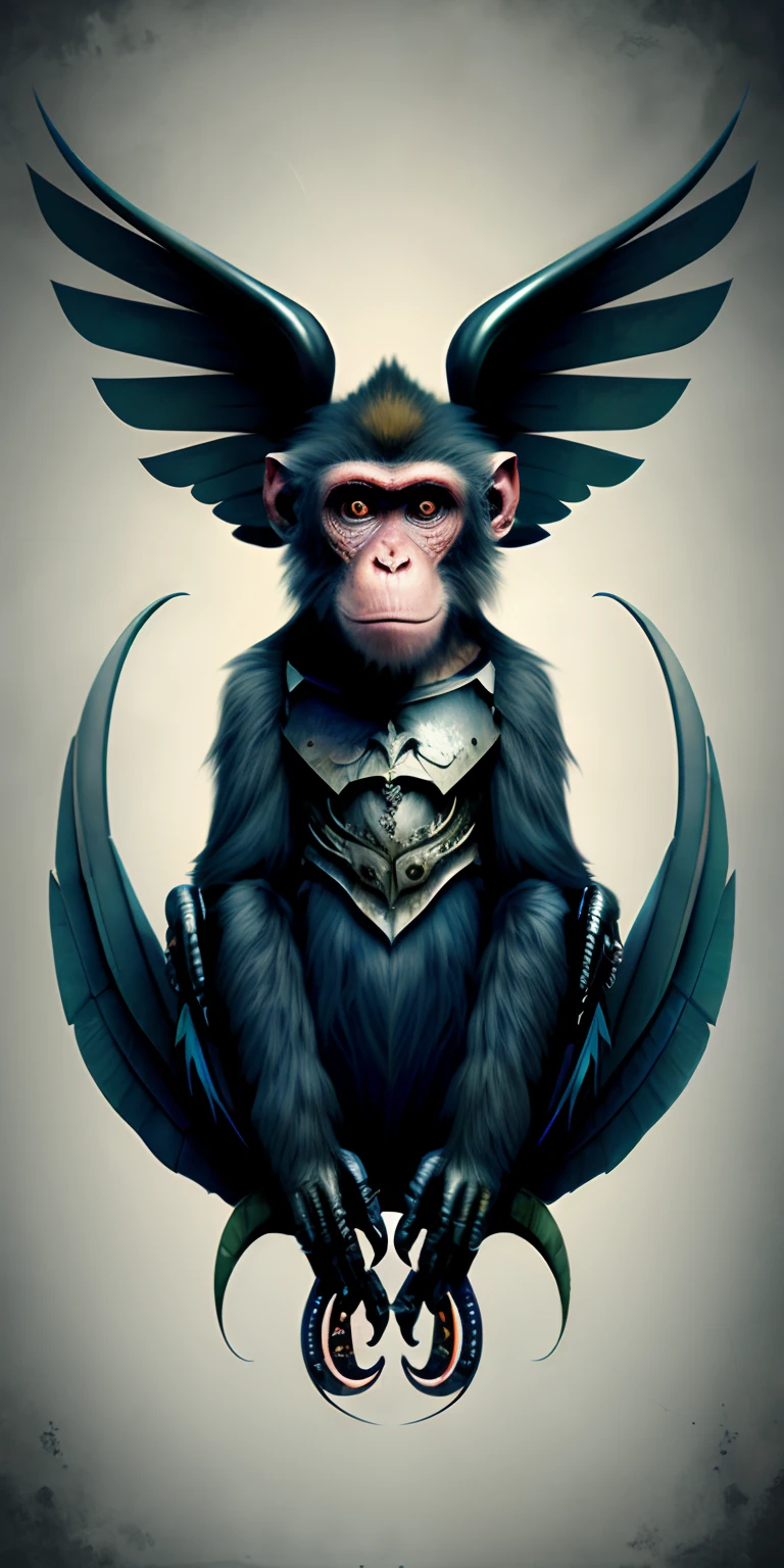 A monkey with wings and dark style, one of its arm is broken, it has one arm only and holding a weapon