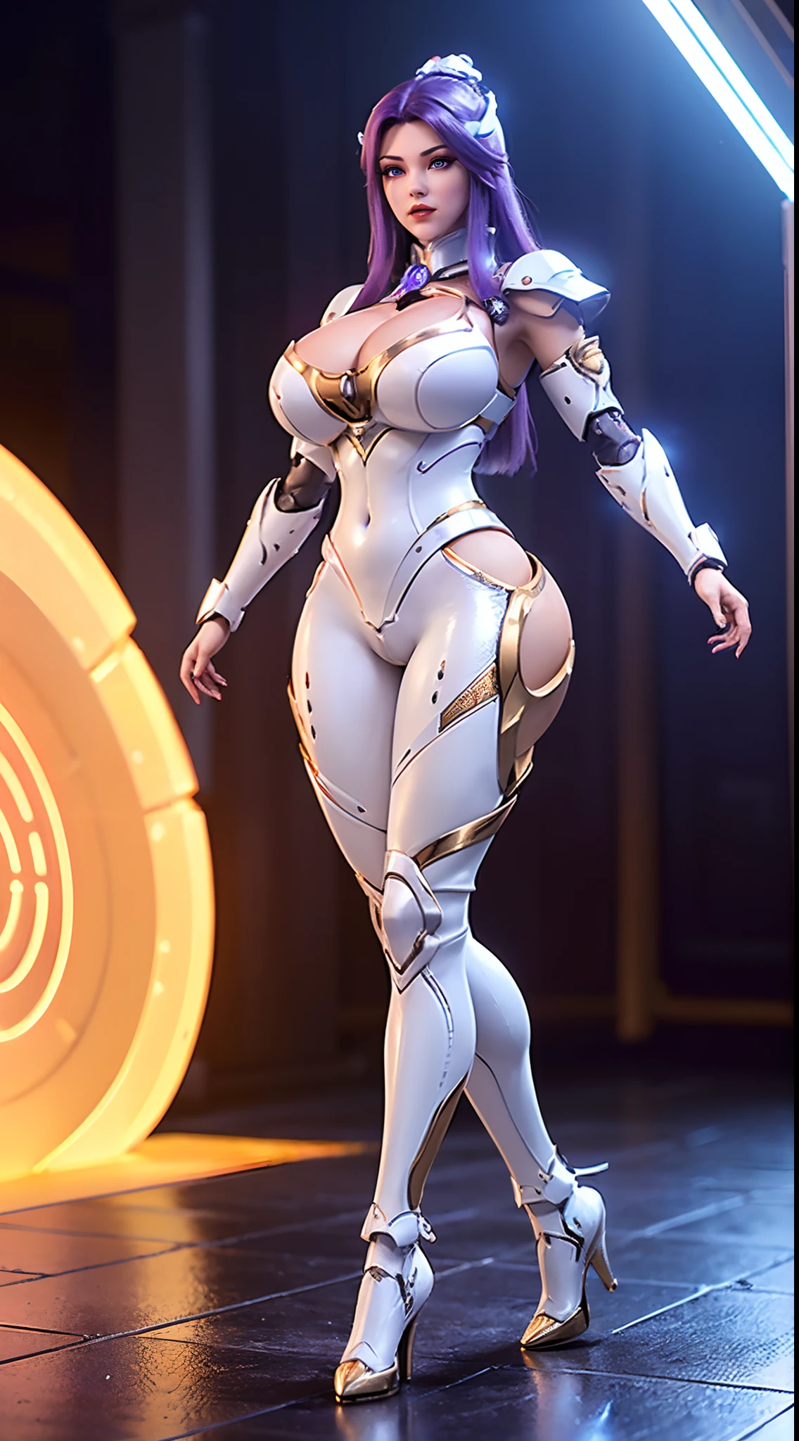 (1GIRL, ALONE, SOLO), (super detailed face), (red hair: 0.8), (Dragon Horn Headwear: 1), (BIG BUTTOCKS, 11 LINE ABS, CLEAVAGE, HUGE FAKE BREASTS:1.5), (GOLD MECHA GUARD ARM:1.3), (WHITE SHINY MECHA CYBER ARMORED, PURPLE MECHA SKINTIGHT SUIT PANTS, MECHA GUARD ARMOR LEGS, HIGH HEELS:1.5), (THICC MUSCULAR FEMALE BODY, GLOWING SKIN, LONG LEGS, FULL BODY:1.1), (LOOKING AT VIEWER:1.3), (female focus:0.886), (WALKING DOWN HALLWAY OF FUTURISTIC SPACE STATION:1), (BRIGHT LIGHT ROOM:1.5), SUPER TEXTURE, UNREAL ENGINE RENDER, PHYSICALLY-BASED RENDERING, ULTRA HIGHT DEFINITION, 16K, 1080P.