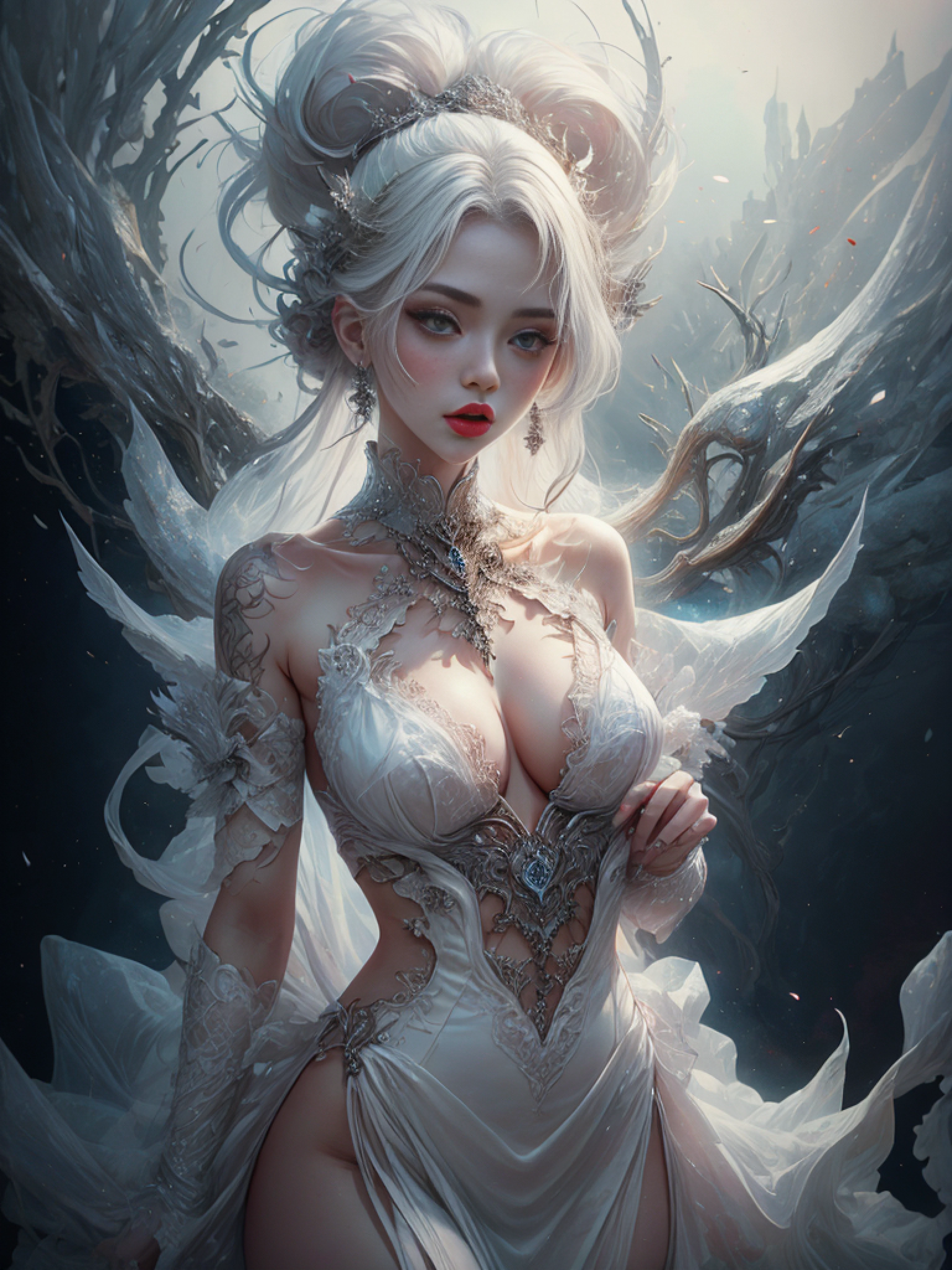 white forest background, Aurora, mythical, erotic pose, pore white hair, small tits, big eyes, body covered with tattoo, red lips, erotic, dark light,, white dress