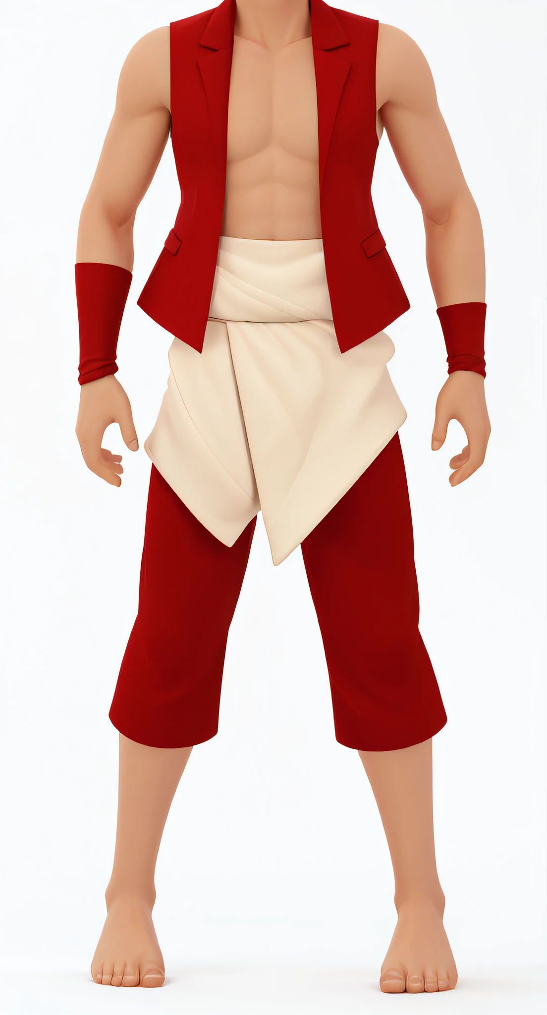 white background, 3d rendered, one person, a man, tan skin, (shirt less), red vest, red pants, white cloth on the waist, barefoot