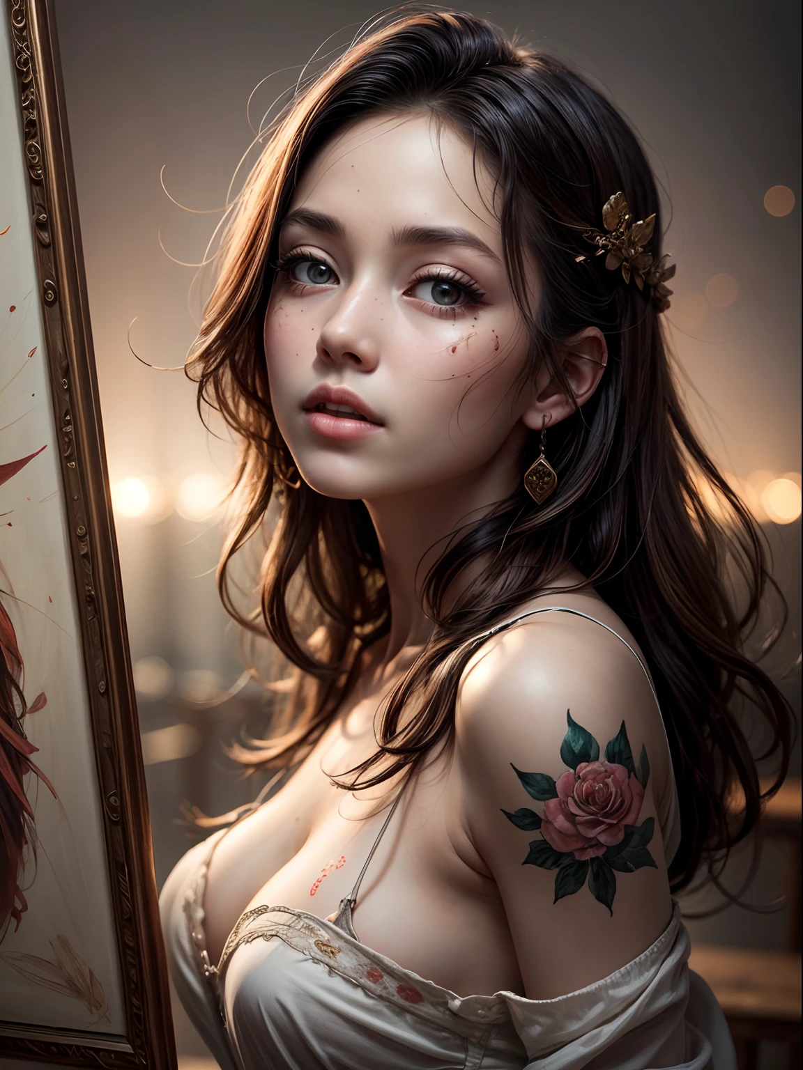 (RAW Photo, Best Quality), (Realistic, Photo Realistic: 1.3), Best Quality, Highly Detailed, Masterpiece, Hyperdetail, Illustration, 1 Girl, Forehead with Painting, upper_body, Dynamic Angle, World Masterpiece Theater, messy_long_hair, Best Quality, Extremely Detailed CG Unified 8k Wallpaper, Ink, Amazing, Cinematic Lighting, lens_flare,dunhuang_style
