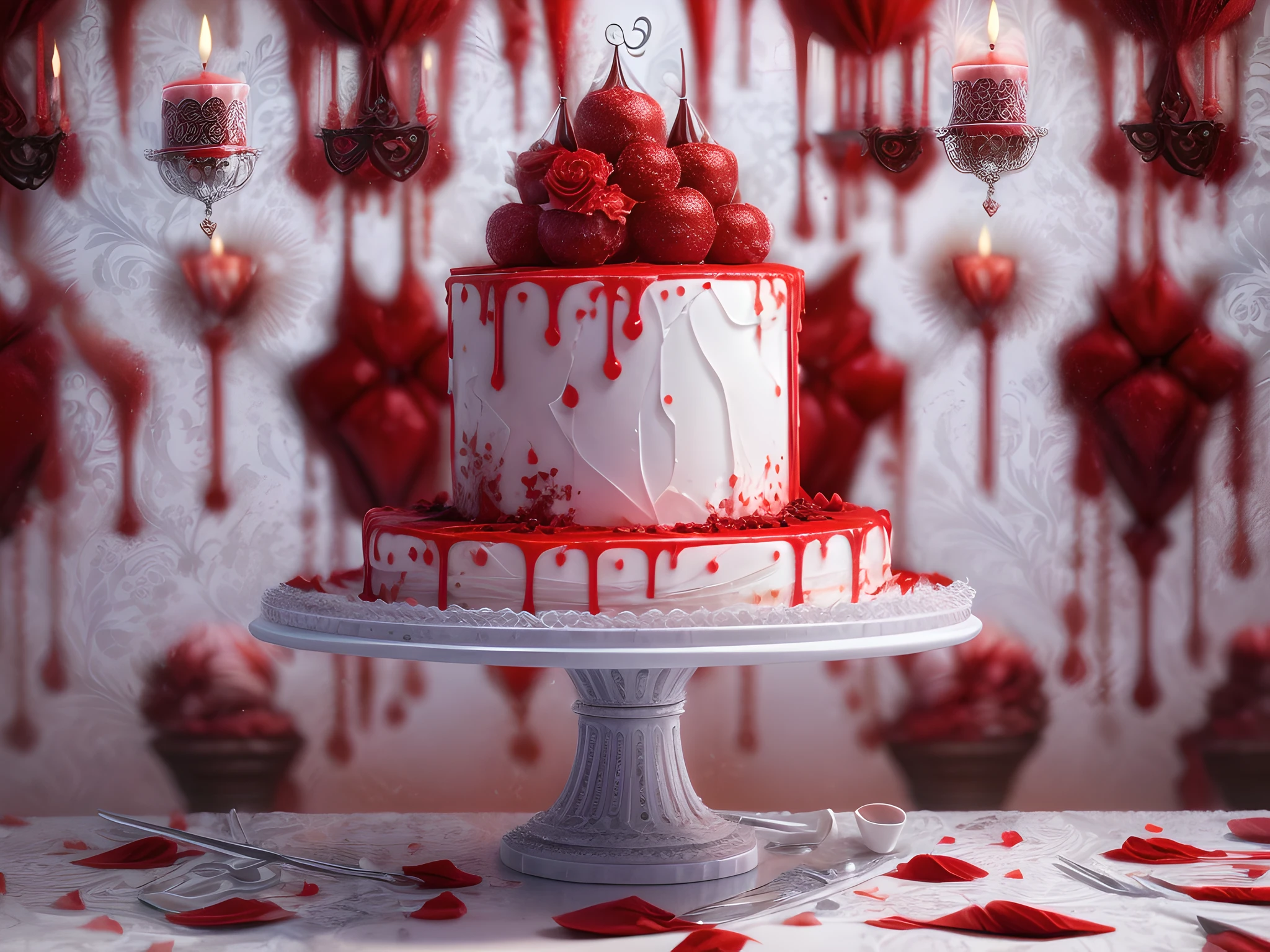 a 3D picture of extremely (beautiful female vampire: 1.4) looking at (red MasterChef style cake: 1.5), an exquisite beautiful vampire, ultra feminine ultra detailed face, red hair, short hair, pale skin, red lips, blue eyes, wearing sexy white seductive latex dress, blood stains on the dress, looking at a red Bakeoff, award winning (chesses: 1.3) cake, 2 floors, decorated with red whipped cream, and artful stylish decorations, blood dripping from the cake, dark castle style kitchen background, dim candles light, dark fantasy art, gothic art,  dynamic angle, best details, best quality, 16K, [ultra detailed], masterpiece, best quality, (ultra detailed), full body, ultra wide shot, photorealistic, 3D rendering,